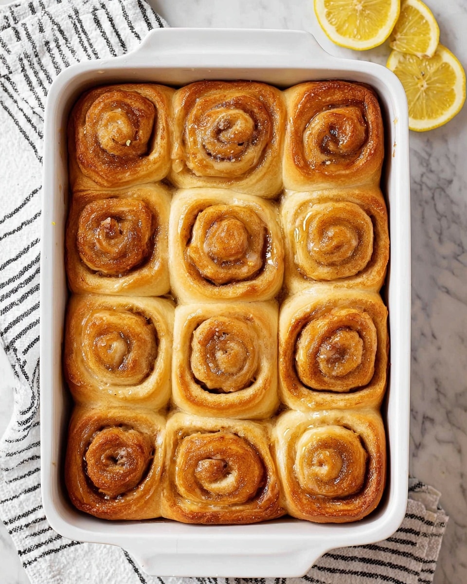 The image shows a white rectangular baking dish filled with twelve golden-brown cinnamon rolls arranged in a 3x4 grid. Each roll has a visible spiral pattern with layers of soft dough and light brown filling. The tops of the rolls have a slightly crisp and shiny texture with varying shades of deep golden brown. The dish is placed on a white marbled surface with two lemon slices partially visible on the side and a white cloth with black stripes in the background. photo taken with an iphone --ar 4:5 --v 7