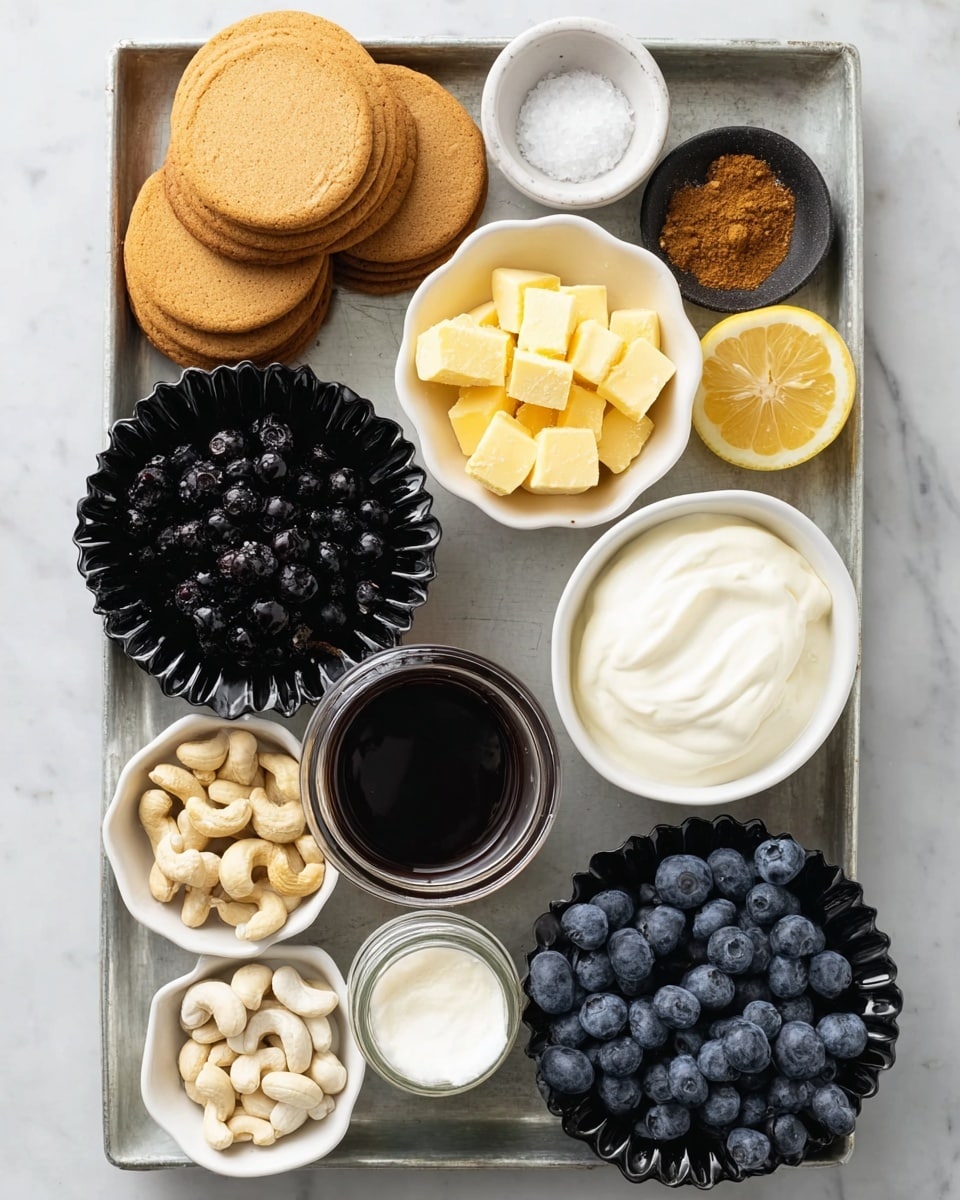 A metal tray holds several small white bowls and black fluted dishes arranged neatly on a white marbled background. At the top left, there are three stacks of round, light brown cookies. Next to them is a small black dish with brown spice powder, followed by a black fluted dish filled with yellow butter chunks centered on the tray. Above it is a white bowl with dark blueberries, with a yellow lemon half and a tiny white bowl of salt beside it. Below the butter, there is a small jar with dark syrup and a white bowl with a thick white cream. A cluster of fresh blueberries fills the bottom right corner. At the bottom left, a white bowl contains a smooth white ingredient next to a black fluted dish filled with cashews. Two small white bowls hold white powdery ingredients, one next to the cashews and the other near the bottom right. photo taken with an iphone --ar 4:5 --v 7