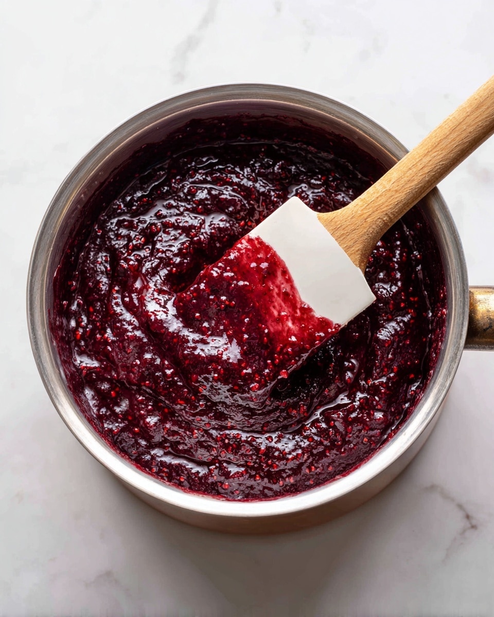 A close-up view of a thick, dark purple sauce or jam cooking in a silver pot. The sauce has a chunky texture with visible small bits, and steam rises slightly from it. A white spatula with sauce coating the tip and side rests inside the pot, revealing a clear streak where it scraped the mixture from the pot’s surface. The background shows a white marbled texture. photo taken with an iphone --ar 4:5 --v 7