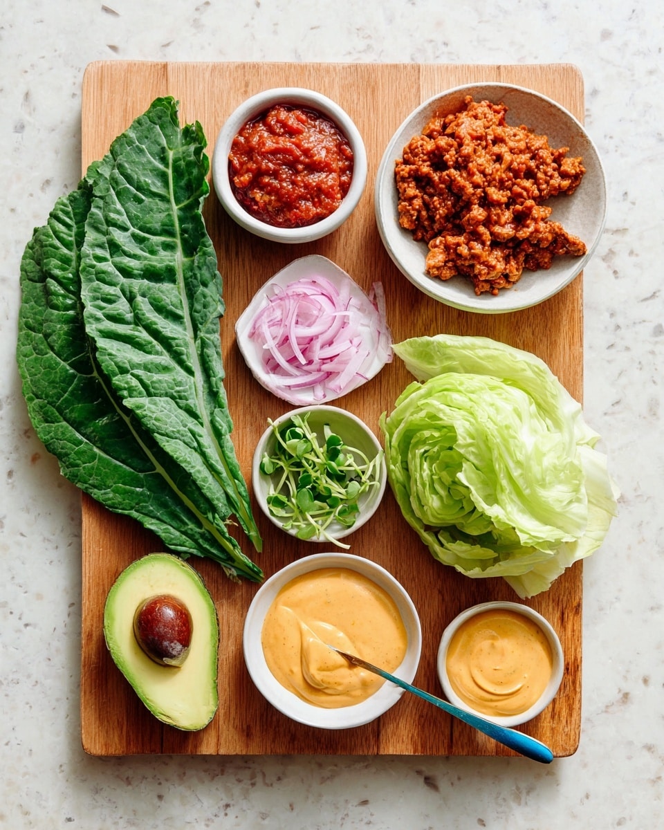 A wooden cutting board with a white marbled background holds several food items arranged neatly; on the left side, fresh green cilantro sprigs lie beside a small white dish filled with bright red chunky salsa. Next to the salsa is a small white bowl with finely chopped cooked meat in a reddish-brown sauce, placed near bright green leafy cabbage on the right. Below the cilantro is a small white container with thin pale pink onion slices, and a tiny white bowl filled with green sprouts sits near the center. At the bottom half, a halved avocado with a large brown seed lies beside two round white bowls filled with creamy sauces in mustard yellow and orange shades, the smaller bowl with an ice blue handle spoon dipped in sauce. The overall look shows vibrant fresh ingredients arranged simply on the cutting board. photo taken with an iphone --ar 4:5 --v 7