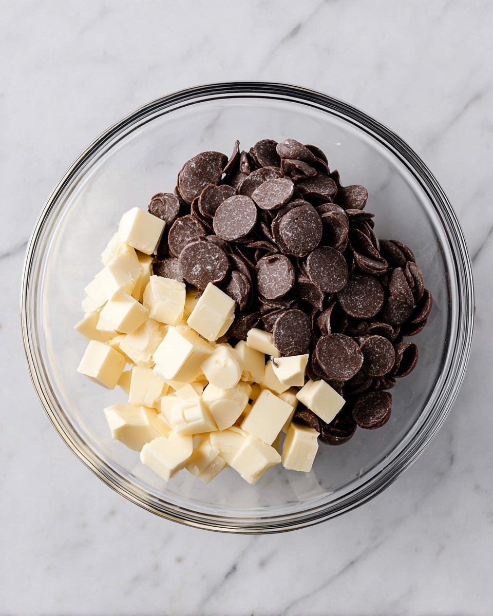 A clear glass bowl sits on a white marbled surface, filled with two main layers of ingredients. On the left side of the bowl, there is a large pile of dark brown round chocolate discs that form a textured, stacked layer. On the right side, there are small cream-colored cubes of butter resting on top of the chocolate discs, creating a contrast between the smooth, rounded chocolate and the solid, angular butter pieces. The bowl is viewed from above, showing all the contents clearly. Photo taken with an iphone --ar 4:5 --v 7