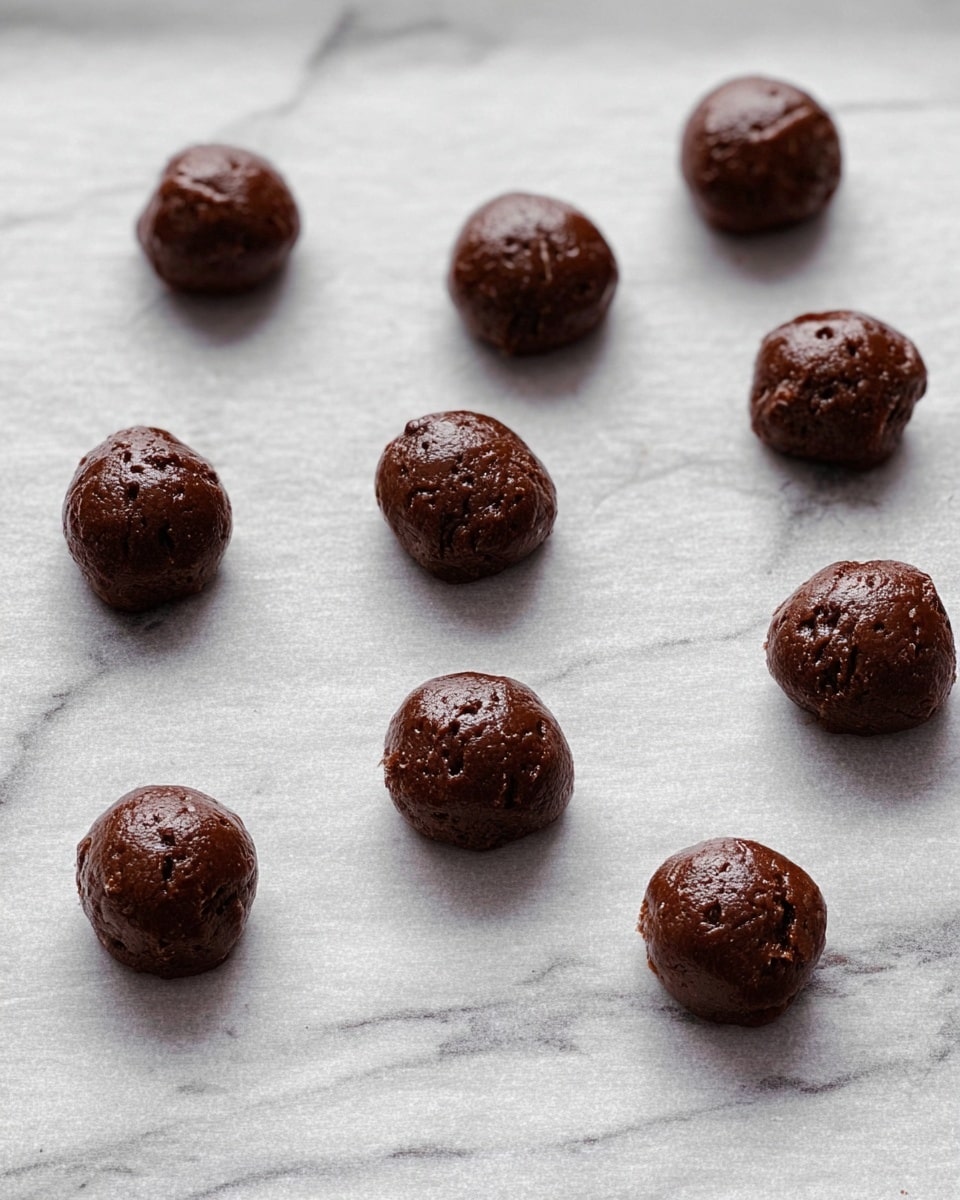 The image shows eleven small dark brown chocolate dough balls placed unevenly on a sheet of parchment paper that rests on a white marbled surface. Each dough ball is round with a slightly glossy and rough texture, appearing thick and rich. The dough balls are spaced out across the paper, and there are no other objects in the frame. The photo has a simple and clean look, focusing fully on the texture and color of the dough balls. photo taken with an iphone --ar 4:5 --v 7