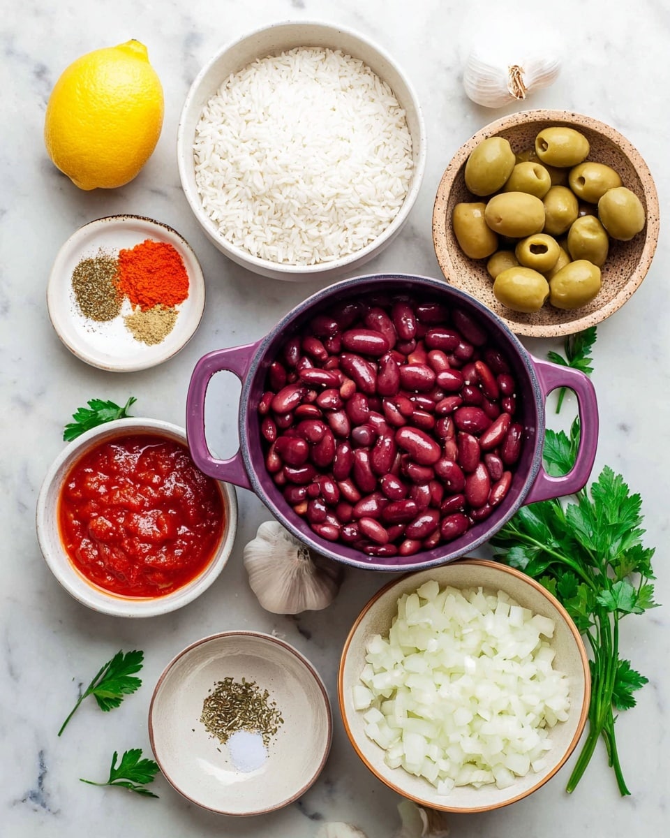 A top view of several small bowls and one pot arranged on a white marbled surface with parsley leaves on the side and a half lemon. The center has a purple pot filled with dark red kidney beans. Below it, there is a white bowl holding white uncooked rice. To the right of the pot, a beige bowl is full of chopped white onions. Above the large bowl of beans, a white bowl contains green olives. To the top left, there is a small white bowl with three different spices: bright red powder, orange powder, and dried herbs. Below it is a small white bowl with chopped garlic. On the bottom left, a white bowl contains tomato sauce with visible tomato pieces. The colors are vibrant with a clean and bright setting, photo taken with an iphone --ar 4:5 --v 7