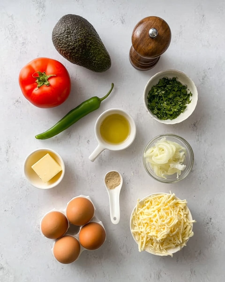 The image shows several cooking ingredients arranged neatly on a white marbled surface. There is a whole avocado, a red tomato with a green stem, a bright green chili pepper, a white bowl filled with chopped green herbs, a small clear glass of oil, a white spoon with a yellow pat of butter, a small clear bowl with chopped white onions, three brown eggs, a wooden pepper grinder, a small spoon with light brown powder, and a white bowl filled with shredded pale yellow cheese. All items are placed separately and clearly visible. photo taken with an iphone --ar 4:5 --v 7