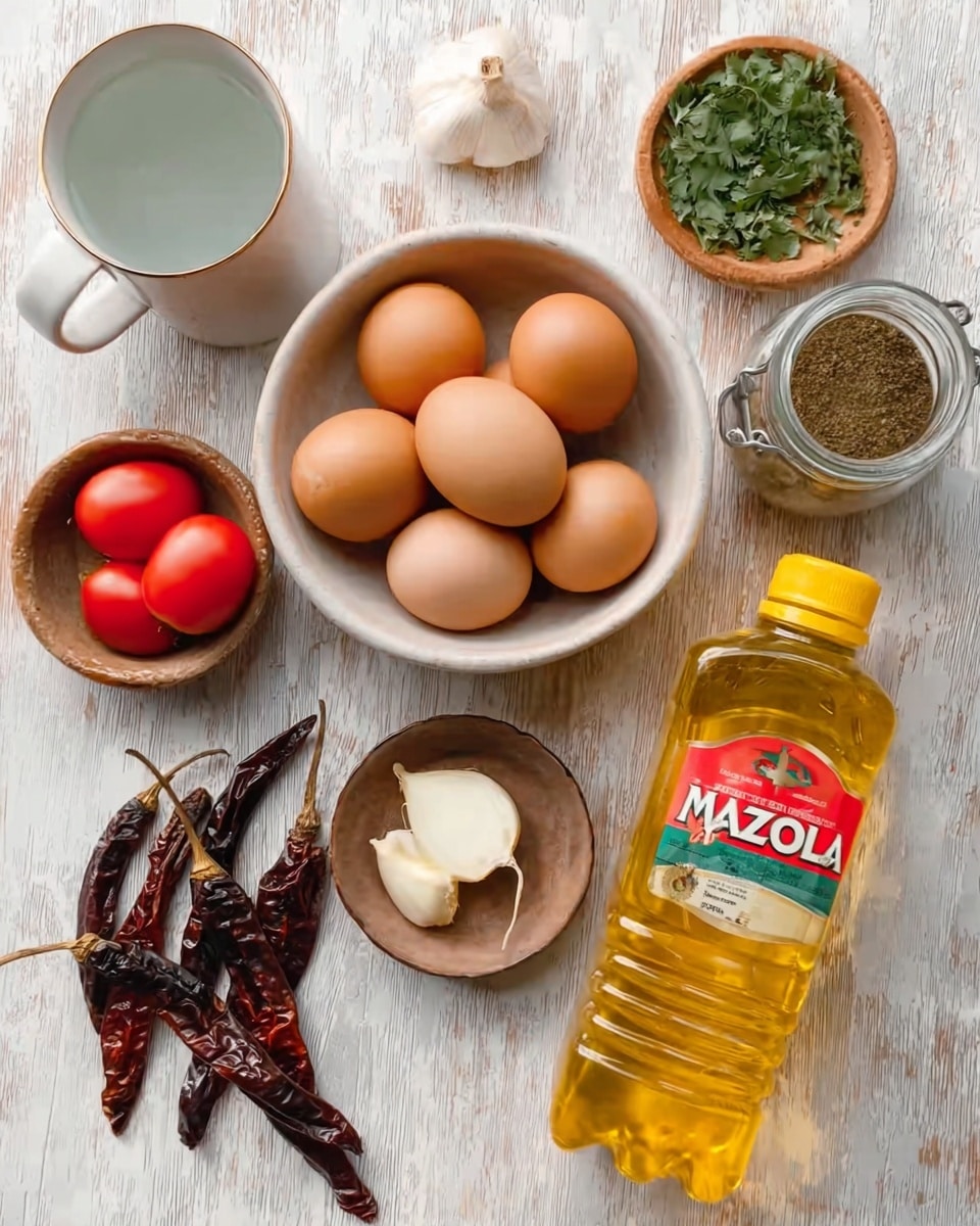 The image shows several food items on a white marbled texture. There is a large white bowl filled with eight light brown eggs placed near the center. To the right, there is a bottle of yellow Mazola corn oil with a yellow cap. Below the eggs, a small white bowl holds two red tomatoes and one white onion. Above this bowl, there is a small brown dish with two peeled garlic cloves. Next to the garlic, there is a tiny yellow onion. In the center, there are three long dark brown dried chili peppers. A small jar filled with green spices is placed on the left side. A large white cup filled with water is placed near the top left. Some fresh green herbs are visible at the top right. Photo taken with an iphone --ar 4:5 --v 7