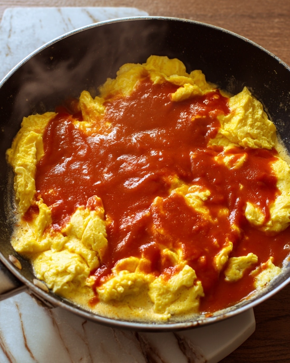 A close-up of a black pan filled with soft, fluffy scrambled eggs with a smooth red sauce poured unevenly over the top, creating a mix of yellow and red colors. The eggs have a slightly uneven, lumpy texture, while the sauce looks thick and rich, with some steam rising from the pan, showing that the dish is hot. The pan sits on a brown wooden surface with a white marbled texture surrounding it. Photo taken with an iphone --ar 4:5 --v 7