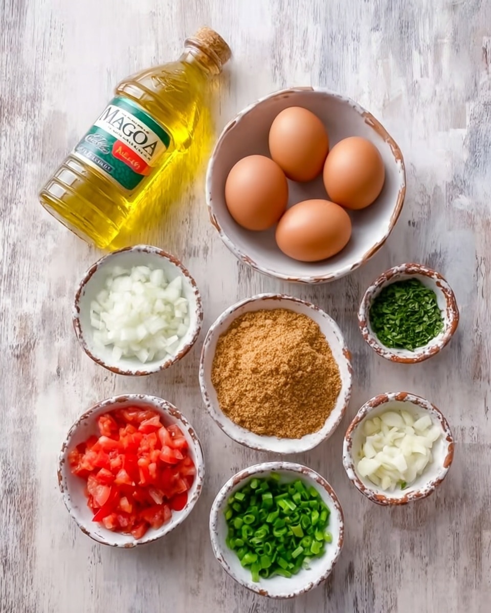The image shows eight bowls and a bottle of corn oil arranged on a white marbled surface. At the top left, there is a tall clear bottle with yellow corn oil. In the center, there is a white bowl filled with six brown eggs. To the right of the eggs is a white bowl filled with light brown soft brown sugar. Below the sugar, there is a small white bowl with chopped green herbs. To the left of the herbs, a white bowl contains finely chopped white onions. Below the eggs and to the left, a small white bowl holds chopped red tomatoes. To the left of the tomatoes is a very small white bowl with chopped white garlic cloves. Lastly, near the bottom left corner, a small white bowl contains green chopped scallions. photo taken with an iphone --ar 4:5 --v 7