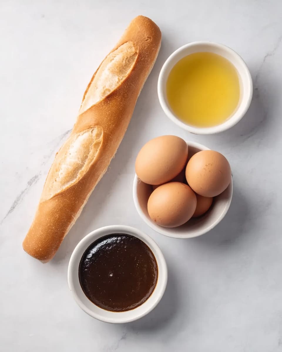 The image shows a white marbled surface with a long, light brown baguette placed diagonally on the left side. Near the baguette, there are three round white bowls arranged close to each other: the top bowl holds a clear yellow liquid, the middle bowl contains five light brown eggs, and the bottom bowl is filled with a thick dark brown sauce. The overall setup is simple and neat, with soft natural light creating gentle shadows. photo taken with an iphone --ar 4:5 --v 7
