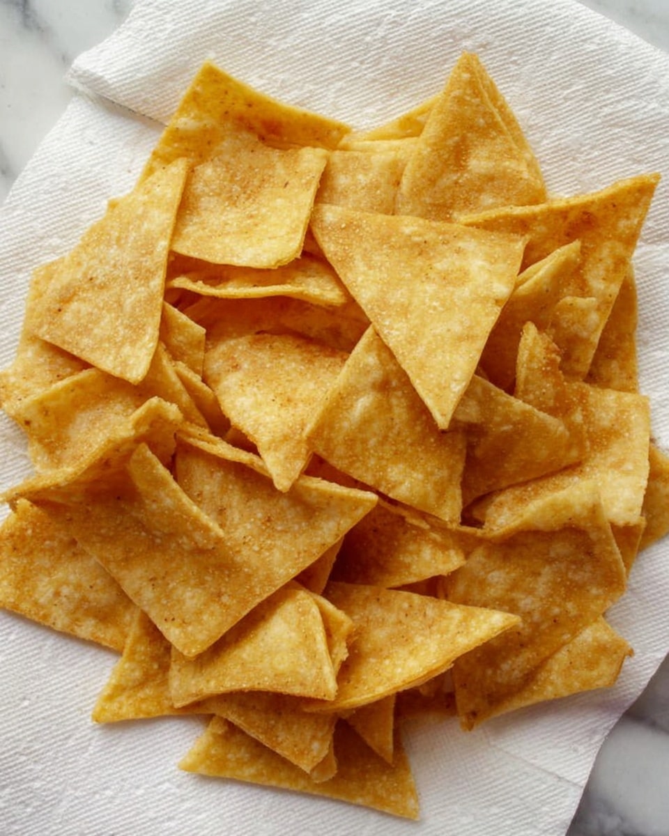 A pile of golden brown fried tortilla chips spread unevenly on a white paper towel, showing their triangular shapes with slight variations in size and texture. The chips have crispy, rough surfaces with some light bubbles and a few shadowed edges. The white paper towel underneath adds a soft, patterned texture visible through gaps between the chips. The background is a white marbled texture. photo taken with an iphone --ar 4:5 --v 7