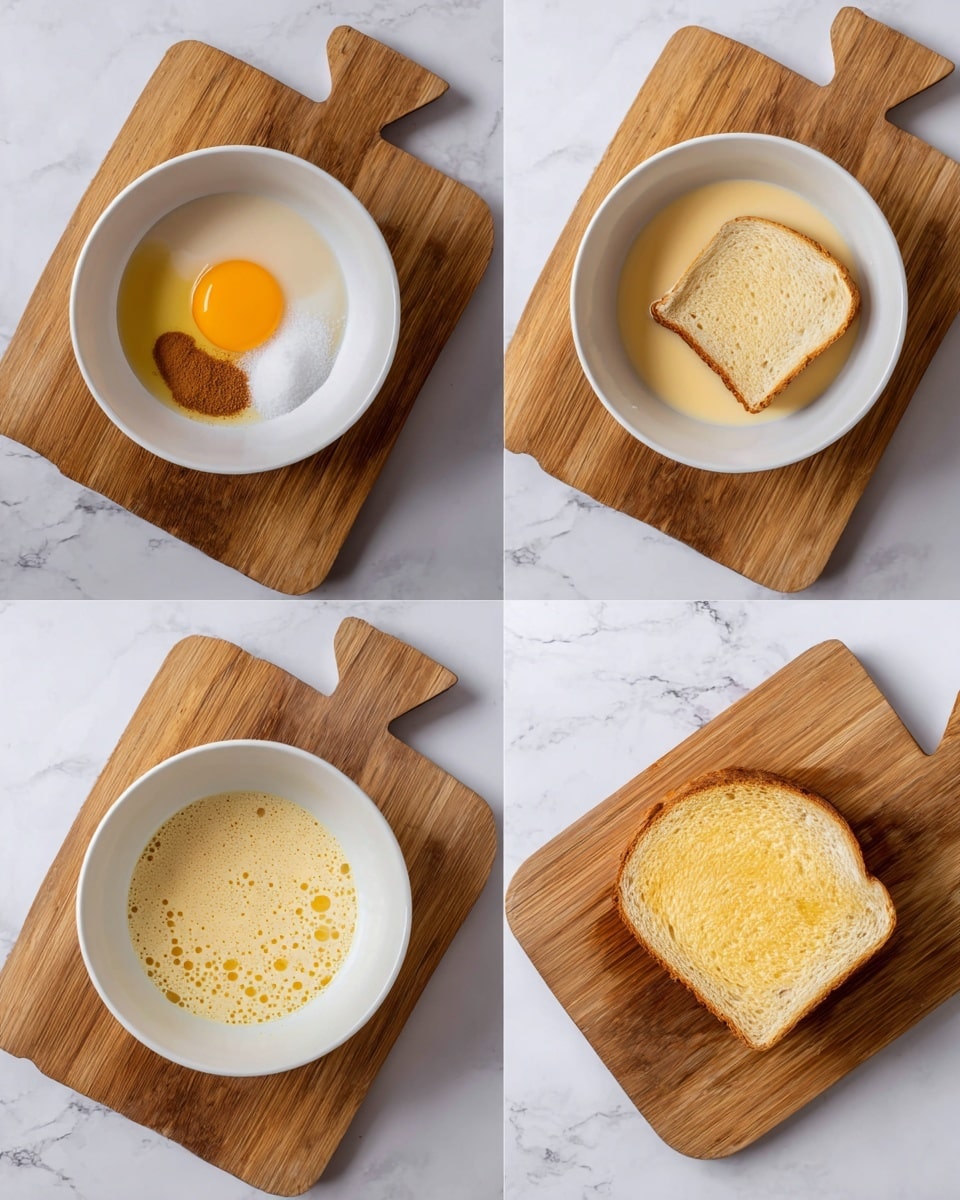 A collage of four images shows the steps of making a soaked bread in egg mixture. The first image shows a white bowl with layers of light beige milk, a bright yellow egg yolk, a small heap of brown cinnamon powder, and white sugar, all arranged separately inside the bowl, which sits on a wooden cutting board. The second image shows the same white bowl on the board, now with the mixture beaten into a smooth, light yellow liquid with bubbles on the surface. The third image shows a slice of plain white bread placed into the bowl, partly soaked and floating on the beaten egg mixture. The last image shows the bread fully soaked with the egg mixture, its texture appearing moist and slightly yellowed, still on the wooden board, all set on a white marbled surface. Photo taken with an iphone --ar 4:5 --v 7