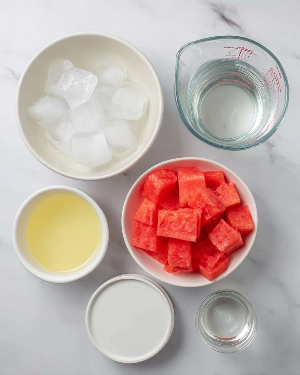 The image shows five containers with different ingredients on a white marbled surface. On the top left, there is a white bowl full of clear ice cubes. To the right of it, there is a white bowl filled with bright red watermelon cubes. Below the ice, to the bottom left, is a small white bowl with light yellow juice. In the center, there is an empty white lid or shallow dish. To the right of that, a clear glass measuring jug with water sits next to a small clear glass cup filled with a clear liquid. The setup is neat and well spaced, with natural light highlighting the fresh colors. photo taken with an iphone --ar 4:5 --v 7