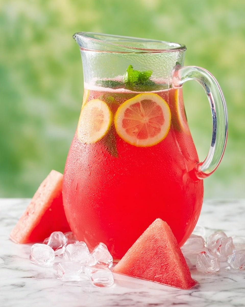 A clear glass pitcher filled with bright pink watermelon drink, showing condensation on the outside. Inside the pitcher, there are round yellow lemon slices floating at different heights along with some green mint leaves near the top. The pitcher is placed on a white marbled surface with scattered clear ice cubes around its base. In front of the pitcher, there are two triangular watermelon slices, one laying flat and the other propped up slightly. The background is a soft green blur that makes the pitcher and watermelon slices stand out. photo taken with an iphone --ar 4:5 --v 7
