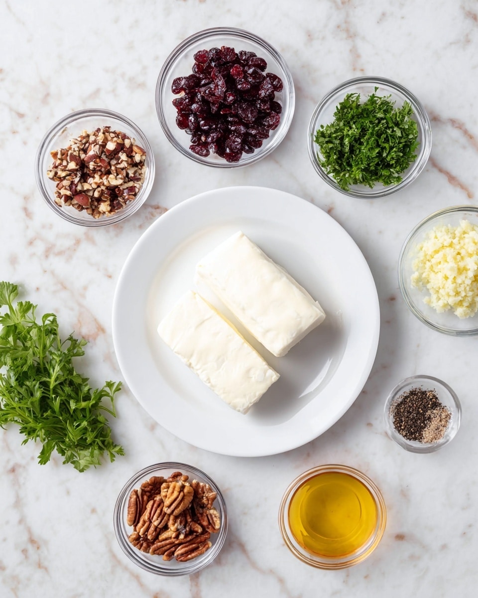 A white plate sits in the center with two blocks of soft, white cheese that have a smooth and creamy texture. Surrounding the plate on a white marbled surface are small clear glass bowls with various ingredients: finely chopped dark red dried cranberries at the top, finely chopped bright green fresh parsley to the left side, a small bunch of fresh flat-leaf parsley, finely grated pale yellow garlic near the bottom left, a small bowl of light brown chopped pecans at the bottom, a small bowl of shiny golden honey on the right, and a tiny bowl of cracked black pepper beside it. The composition is neat and bright with a fresh, clean feel. Photo taken with an iphone --ar 4:5 --v 7