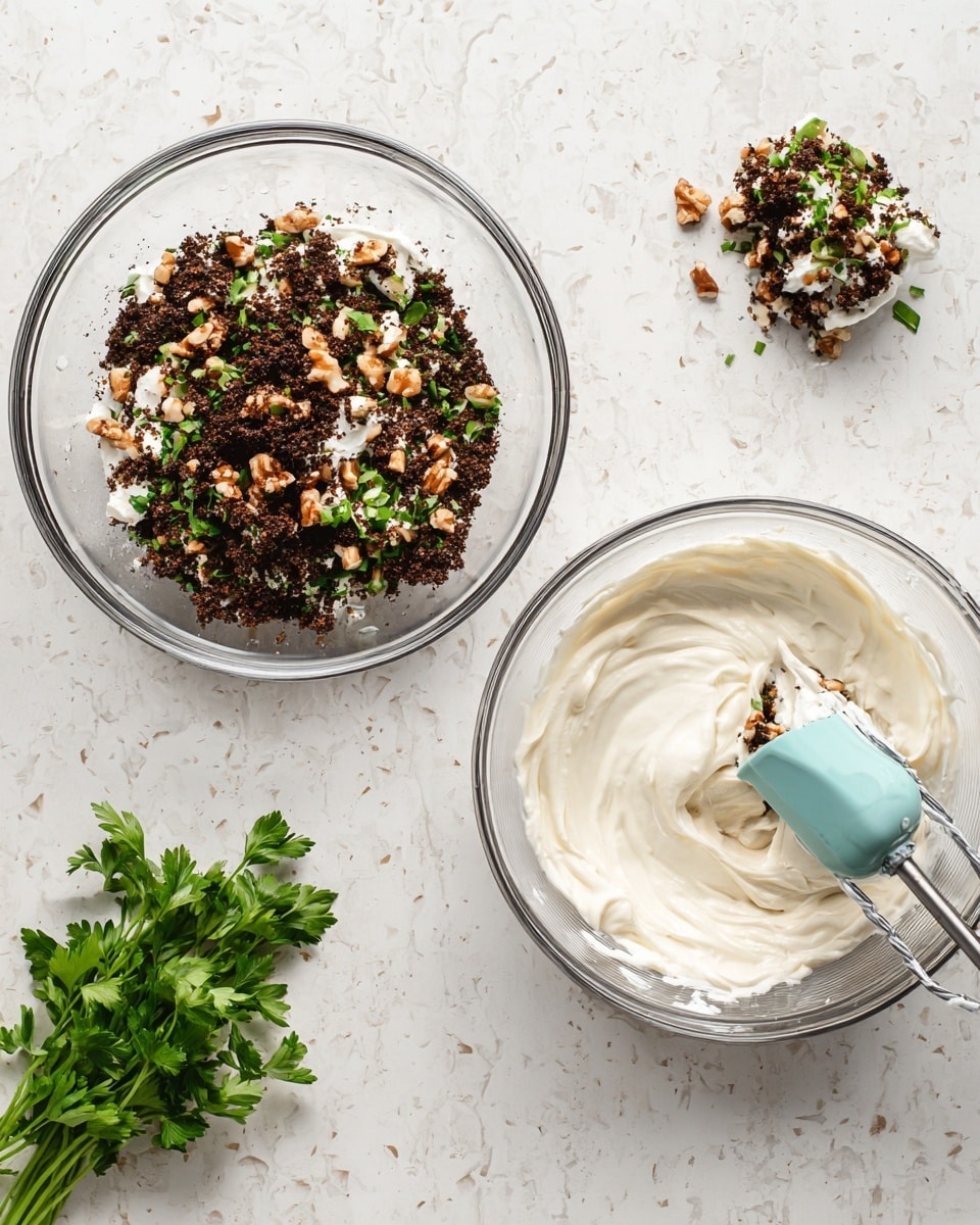 The image shows two clear glass bowls on a white marbled surface. The top bowl has a mix of dark brown crumbled pieces with chopped light brown nuts and green herbs scattered evenly throughout. The bottom bowl has a creamy white mixture with a smooth and thick texture. On the right side, the top bowl has a few dollops of the creamy white mixture added on top of the brown and green mix. Next to the bowls, there is a small bunch of fresh green parsley. The utensils include a blue silicone spatula sitting in the creamy mixture and a metal hand mixer resting in the same bowl on the right side. Photo taken with an iphone --ar 4:5 --v 7