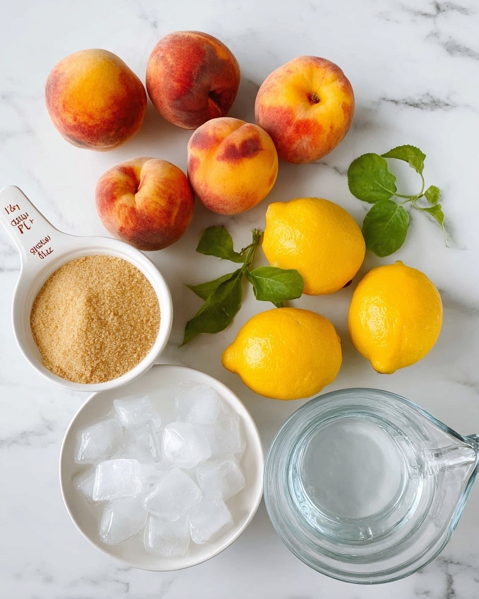 The image shows seven ripe peaches with a mix of orange, red, and yellow colors scattered near the top on a white marbled surface. Below them, there are five bright yellow lemons, some with small green leaves. To the left is a white measuring cup filled with light brown sugar, marked