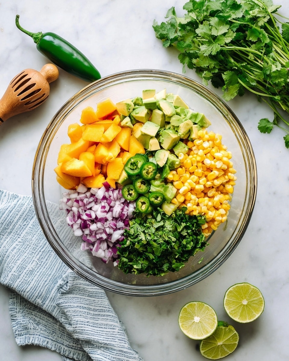 A clear glass bowl on a white marbled surface holds five separate layers of colorful ingredients arranged side by side: bright yellow-orange peach chunks, light green avocado cubes, fresh dark green chopped jalapeño, pale yellow corn kernels, and finely chopped purple onion mixed with green cilantro leaves. Nearby on the surface, a whole green jalapeño and a small bunch of cilantro leaves rest above the bowl. At the bottom left, a wooden citrus juicer lies next to two lime halves, one placed cut side up and the other cut side down. A blue and white striped cloth is partially under the bowl. photo taken with an iphone --ar 4:5 --v 7