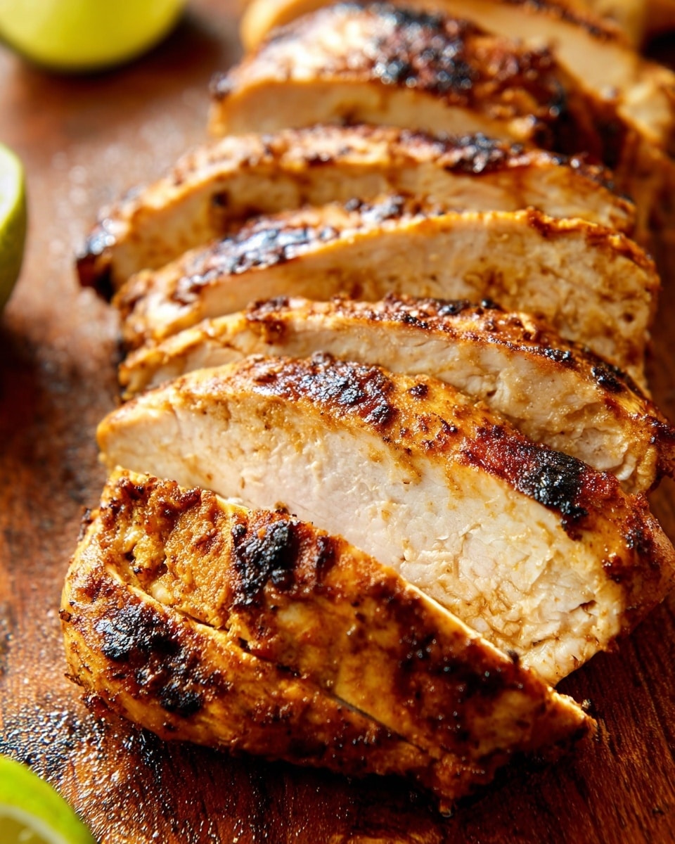 The image shows several thick slices of cooked chicken arranged closely together on a wooden surface, each slice showing a rich golden brown color with darkened grill marks and a slightly crispy texture on the edges. The chicken's inside is light and juicy with visible fibers, contrasting with the caramelized outer layer. At the bottom left corner, there is a small part of a green lime wedge visible, adding a fresh touch to the scene. The background has a soft bokeh effect that highlights the texture and color of the chicken. Photo taken with an iphone --ar 4:5 --v 7