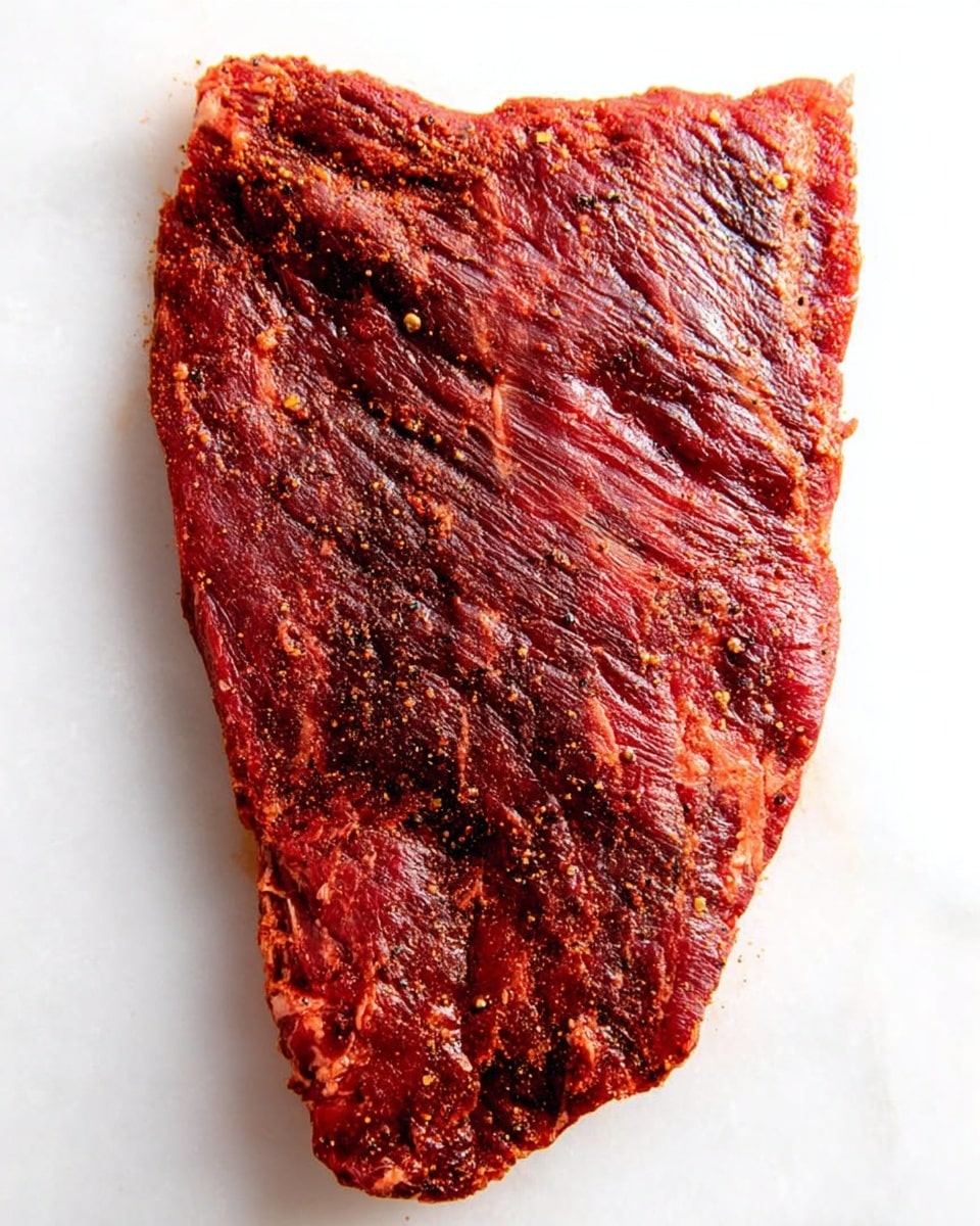 A single large piece of meat with a deep red color and a rough, textured surface lies flat on a white marbled background. The meat has a slight shine and shows visible grain patterns, with some darkened edges that suggest seasoning or spices. Its shape is irregular, tapering somewhat at one end, and it takes up most of the frame. photo taken with an iphone --ar 4:5 --v 7