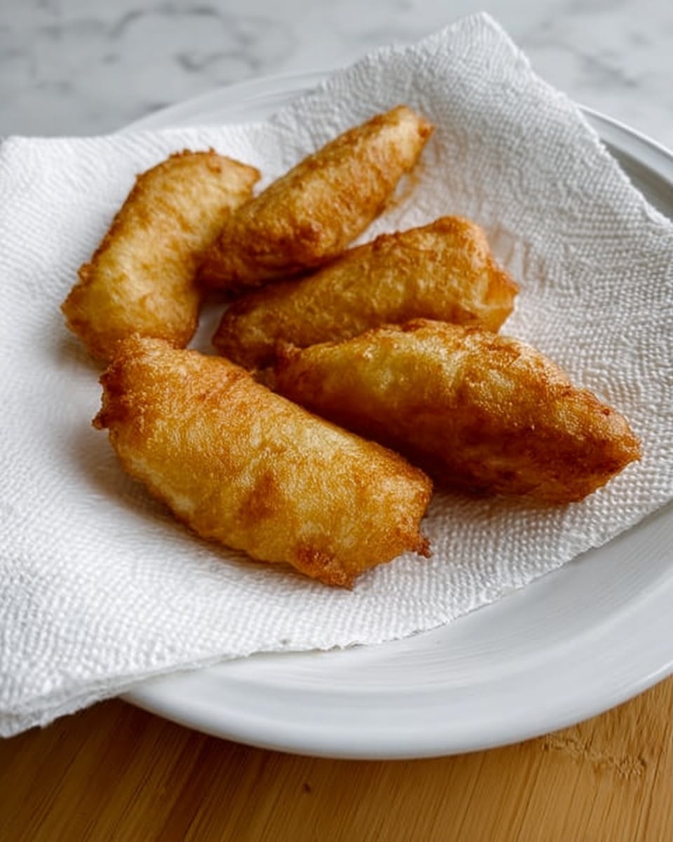 A white plate holds four pieces of golden brown fried food, each with a crispy and flaky texture. They are placed on a white paper towel that soaks up oil. The plate is set on a wooden table, but the background is changed to a white marbled texture. The fried pieces vary in shape, some more round and others longer. photo taken with an iphone --ar 4:5 --v 7