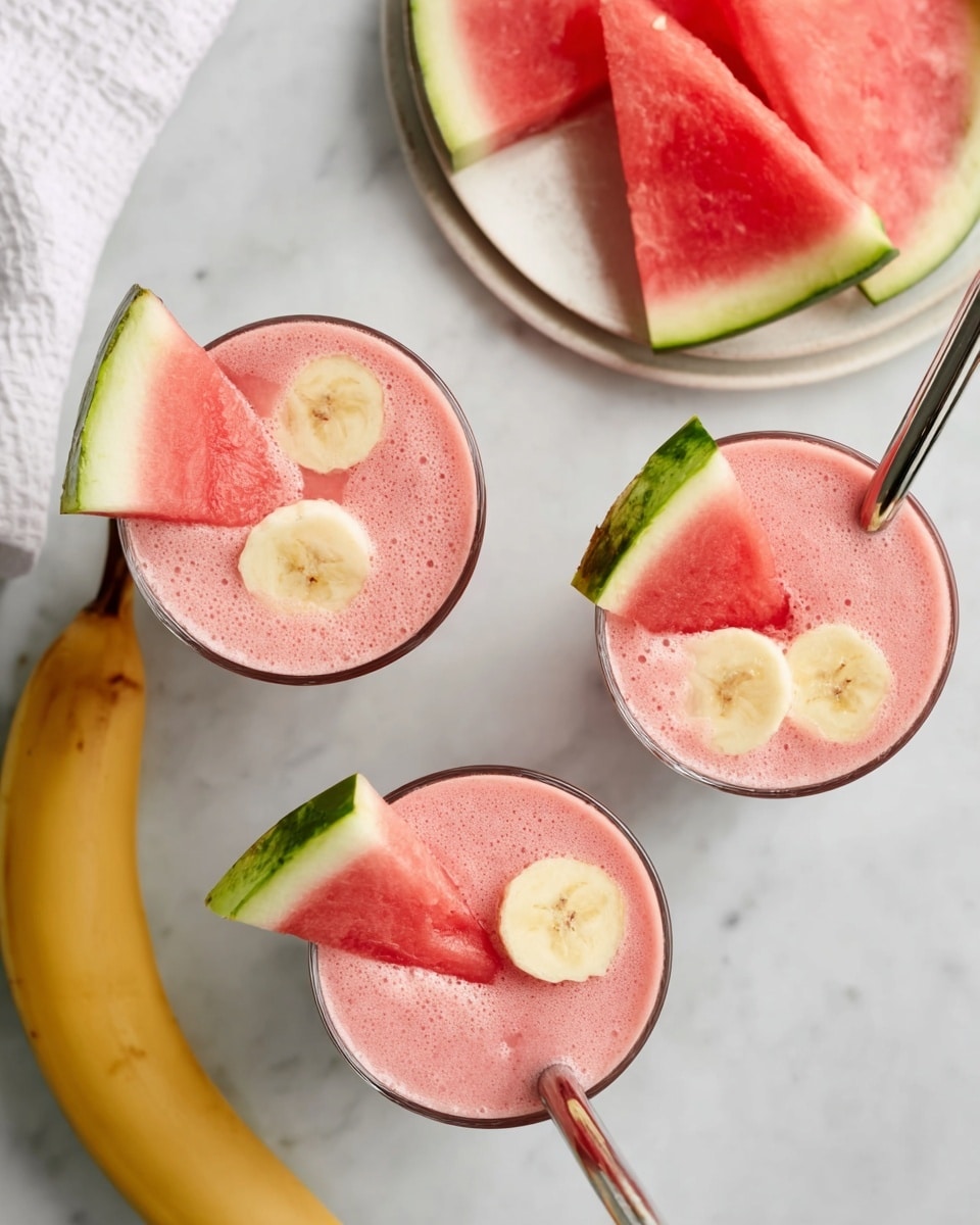Three clear glasses filled with a pink smoothie are seen from above on a white marbled surface. Each glass has a shiny metal straw placed near the edge. Floating on top of the smoothie in each glass is a round slice of banana and a thin triangular slice of watermelon with its green rind visible, resting partly inside the drink. To the upper left, there is a white plate holding neatly stacked triangular watermelon slices showing red flesh and green rind. At the lower left, a ripe yellow banana lies on the surface next to a white cloth. The photo taken with an iphone --ar 4:5 --v 7