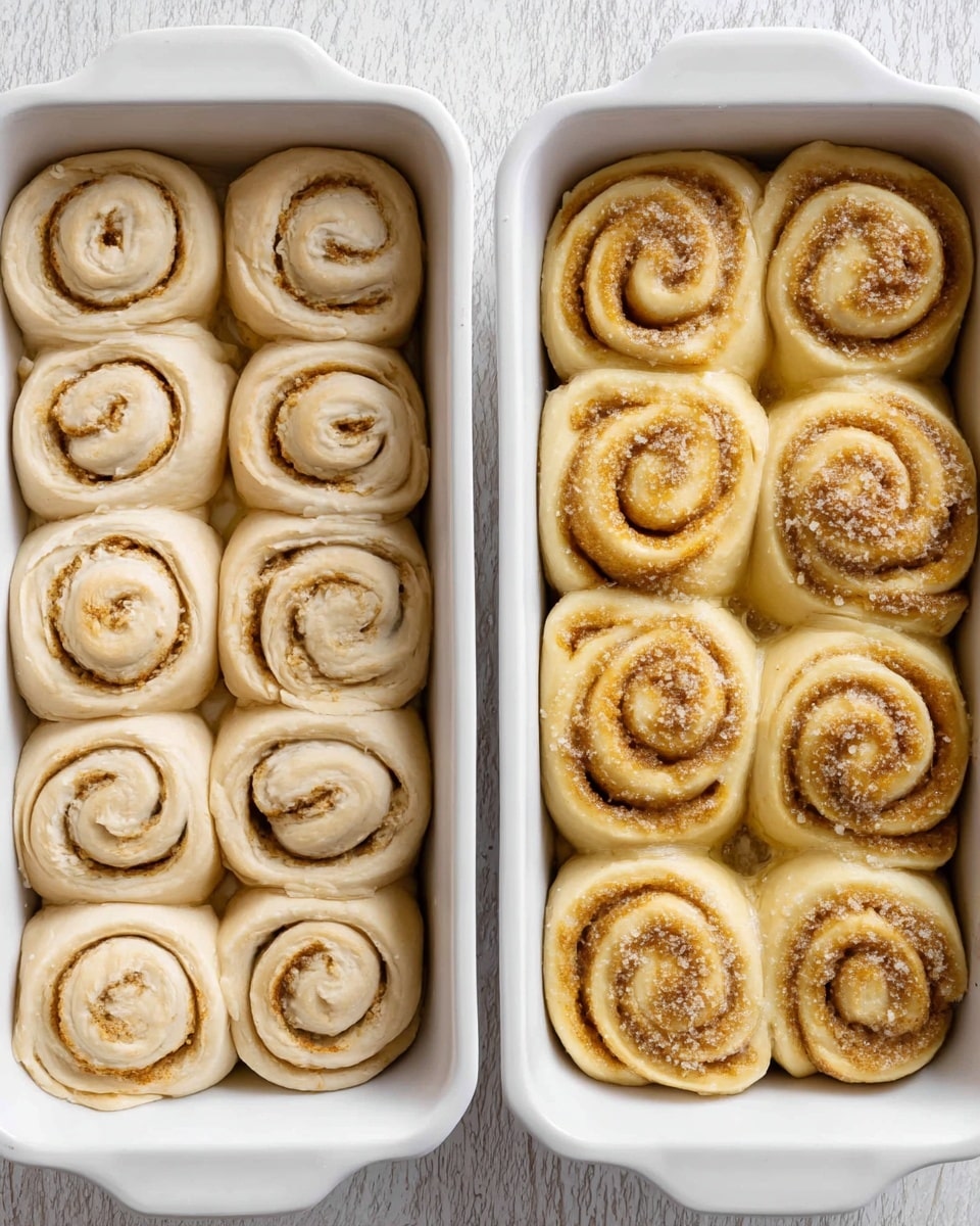 Two white baking dishes are shown side by side on a white marbled surface. The dish on the left holds twelve raw cinnamon rolls in three rows and four columns with visible swirls of light beige dough and a thin layer of cinnamon filling. The rolls are separated with space between each. The dish on the right has fifteen larger cinnamon rolls arranged in three rows and five columns, closely placed next to each other. These rolls have a smoother, shiny dough surface sprinkled lightly with a granulated topping, and their swirls are more defined and evenly spaced. photo taken with an iphone --ar 4:5 --v 7