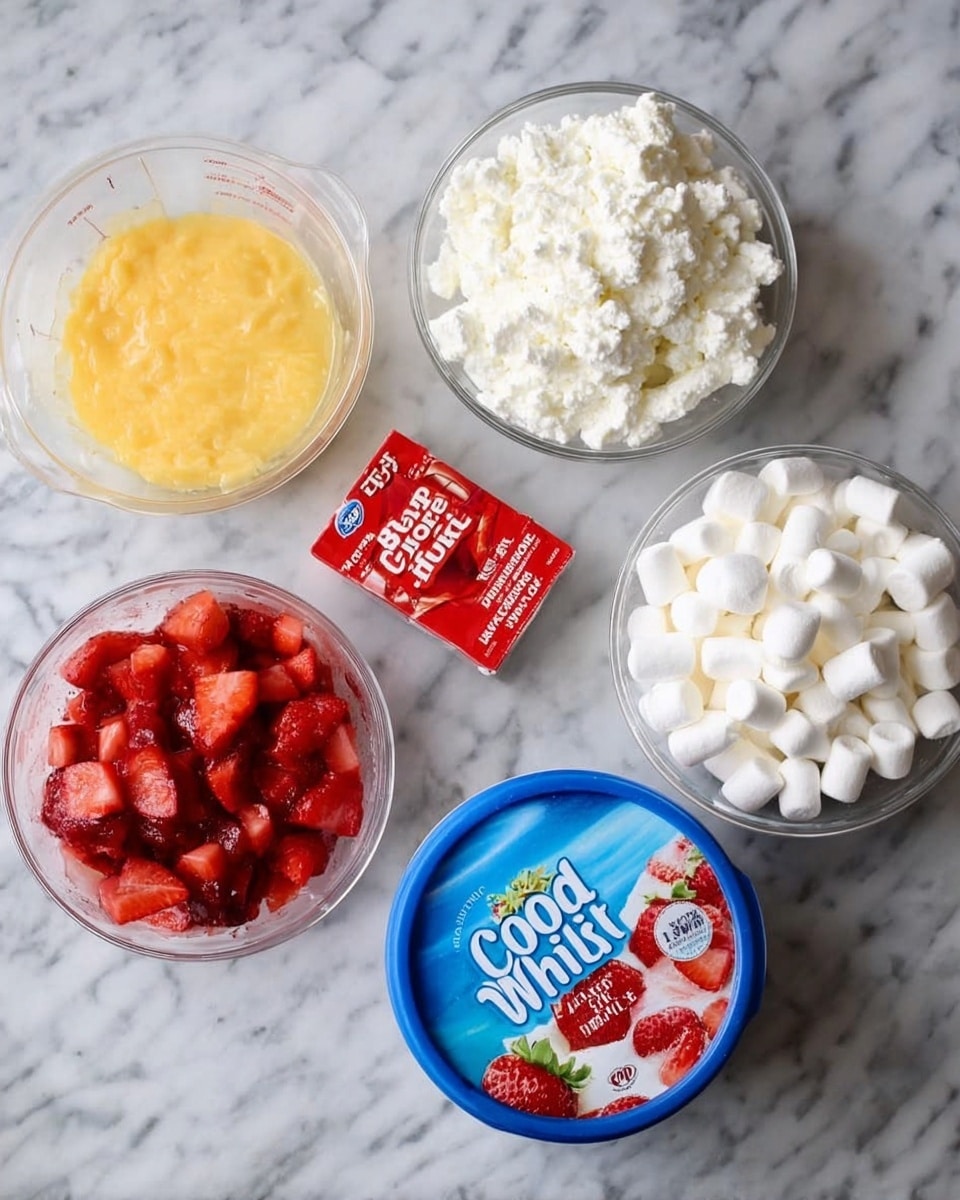 The image shows six separate containers of ingredients on a white marbled surface, arranged in a loose circle. At the top center, a small bowl contains soft, white cottage cheese with a lumpy texture. To the right of that, another bowl is filled with many small, white marshmallows. Below that, sitting on the surface is a round container of Cool Whip with a bright blue lid and white text. Moving left, near the bottom left corner, a bowl holds chopped bright red strawberries with a juicy, slightly shiny look. Above that, a clear plastic measuring cup contains a yellow, somewhat smooth applesauce. In the center of all these ingredients, there is a small red box of Jell-O strawberry gelatin, adding a solid, colorful contrast. Photo taken with an iphone --ar 4:5 --v 7