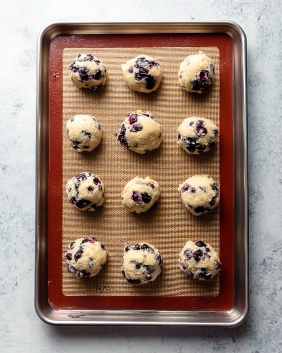 The image shows a shiny silver baking tray with nine round cookie dough balls spaced evenly on a rust-colored baking mat inside it. Each dough ball is light beige with dark purple and black blueberry pieces throughout, giving a spotted look. The tray is set on a surface with a white marbled texture. The cookie dough balls have a soft, slightly rough look with some small melting areas around the berries. photo taken with an iphone --ar 4:5 --v 7