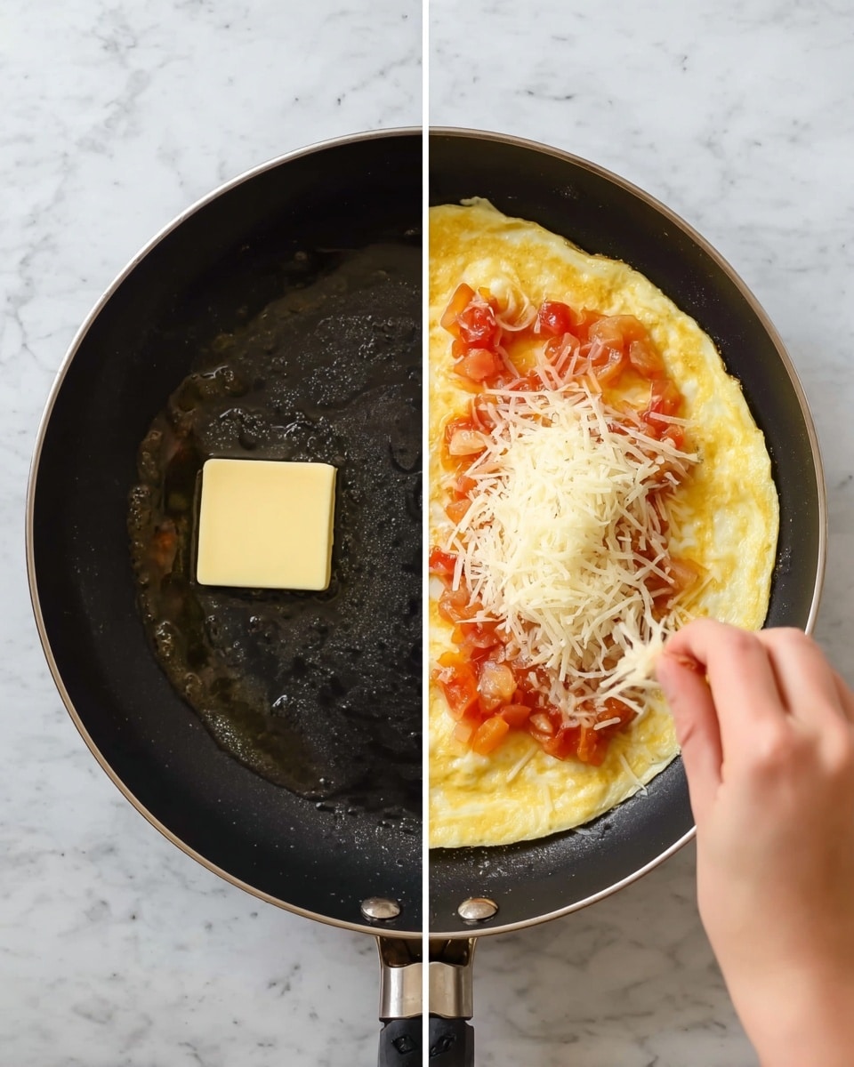 The image is split into two side-by-side parts. The left part shows a black non-stick frying pan on a white marbled surface, with a small square of melting light yellow butter in the center of the pan. The right part shows the same pan on the same surface with a cooked pale yellow omelette spread out flat, topped in the middle with a bright layer of chunky red and orange cooked tomatoes and onions. A woman's hand is adding shredded white cheese over the tomatoes in a thick line down the middle of the omelette. Photo taken with an iphone --ar 4:5 --v 7