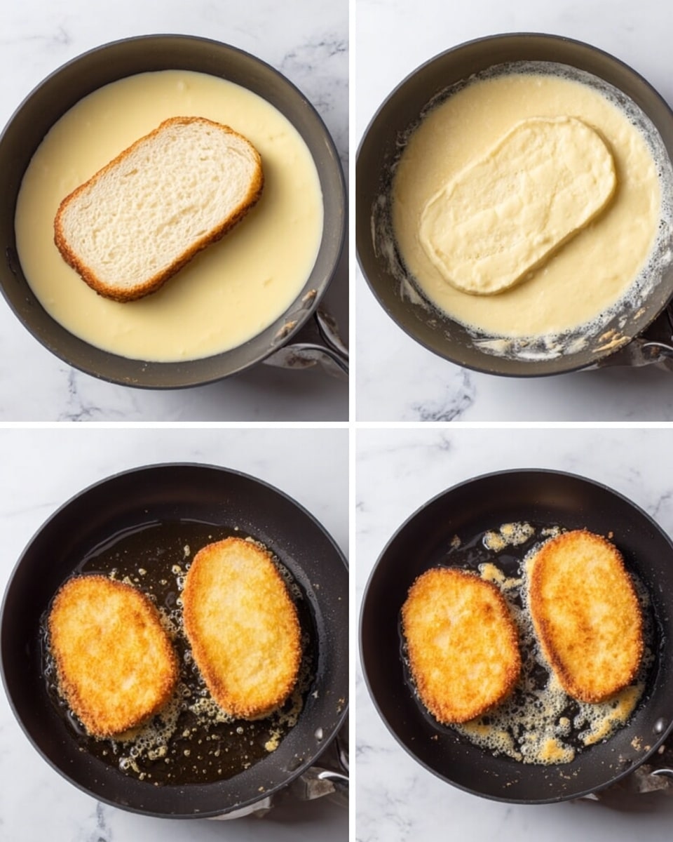 The image shows four stages of frying breaded cutlets. The top left shows a slice of beige bread covered in light yellow batter with bubbles on the surface, placed in a bowl. The top right shows the bread inside the batter fully coated and smooth, still in the bowl. The bottom left shows two pieces of the battered bread frying in a black pan with some oil and crumbs around them, the batter is pale and not browned yet. The bottom right shows the breaded pieces in the pan, now golden brown and crispy on the outside. The surface under the pans and bowls is a white marbled texture. photo taken with an iphone --ar 4:5 --v 7