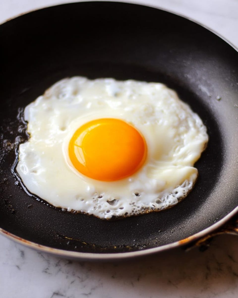 A single fried egg is shown in a black pan. The egg has one layer, with a bright yellow yolk in the center that is round and smooth, surrounded by a white, cooked egg white with some slightly crispy edges and a shiny surface from the oil in the pan. The pan's black surface contrasts with the white of the egg. The background is a white marbled texture. photo taken with an iphone --ar 4:5 --v 7