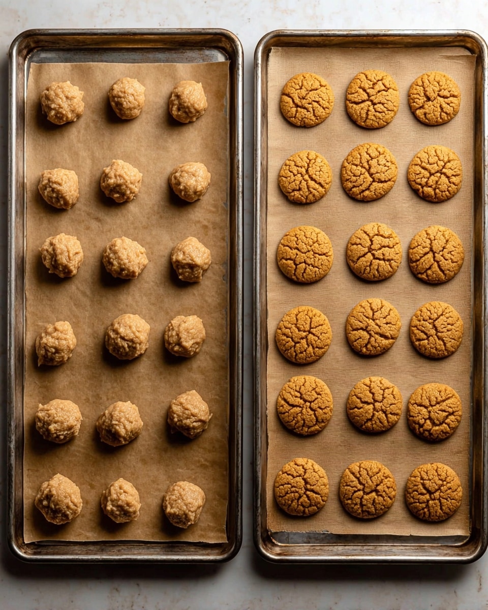 The image shows two metal baking sheets lined with brown parchment paper, each holding 16 cookie shapes arranged evenly. On the left sheet, there are raw cookie dough balls that are rough-textured and light brown, mounded in small round shapes. On the right sheet, the baked cookies are golden brown, thicker, and have a cracked surface with a soft, crumbly texture, each cookie expanding into a round shape that almost touches its neighbors. The sheets sit on a white marbled texture background. photo taken with an iphone --ar 4:5 --v 7