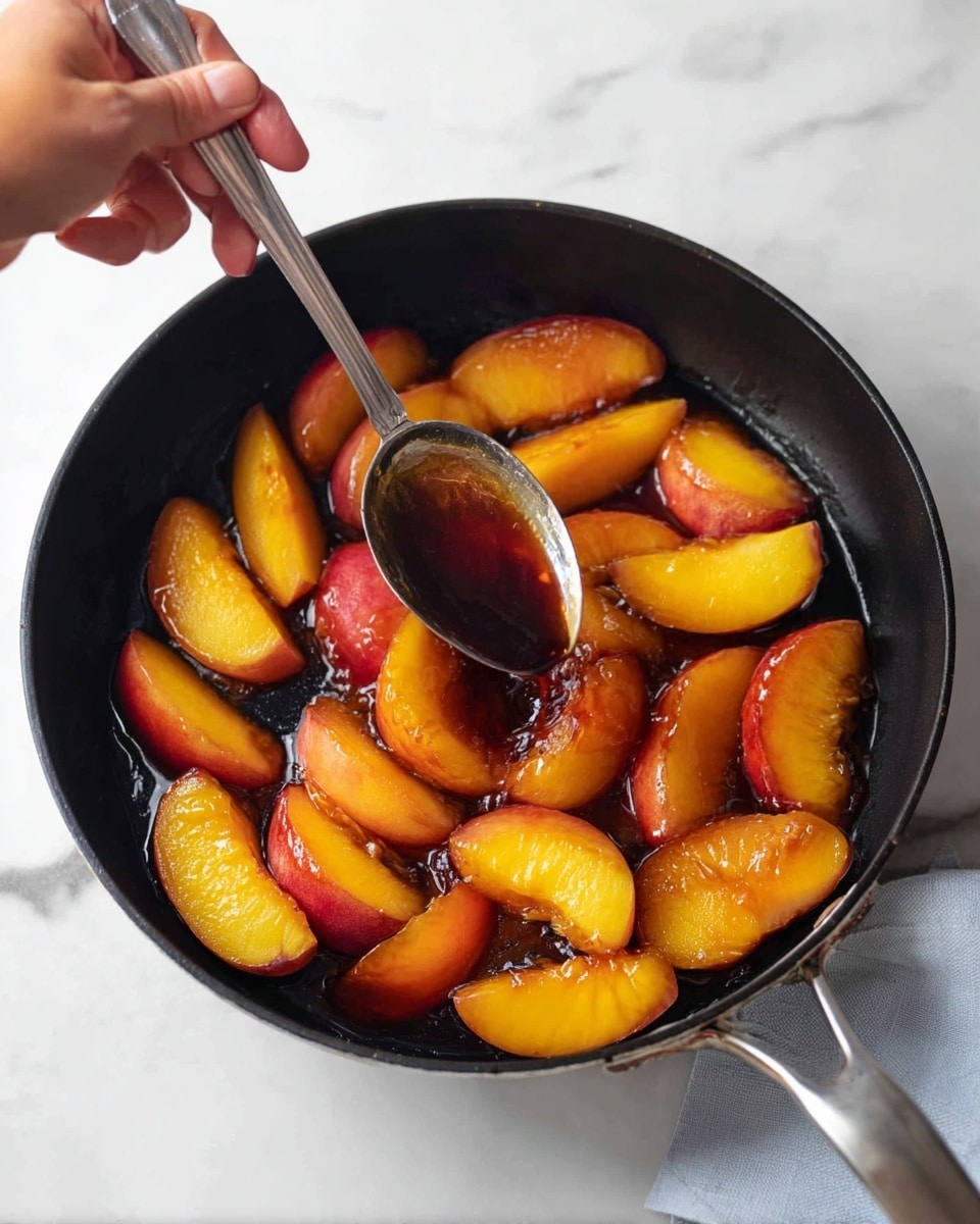 A black skillet filled with about three layers of peeled peach slices in a dark syrup. The peach slices are a mix of soft orange and yellow colors, shiny from the syrup. A woman's hand holds a silver spoon above the skillet, scooping some of the dark syrup. The skillet is placed on a white marbled surface. photo taken with an iphone --ar 4:5 --v 7