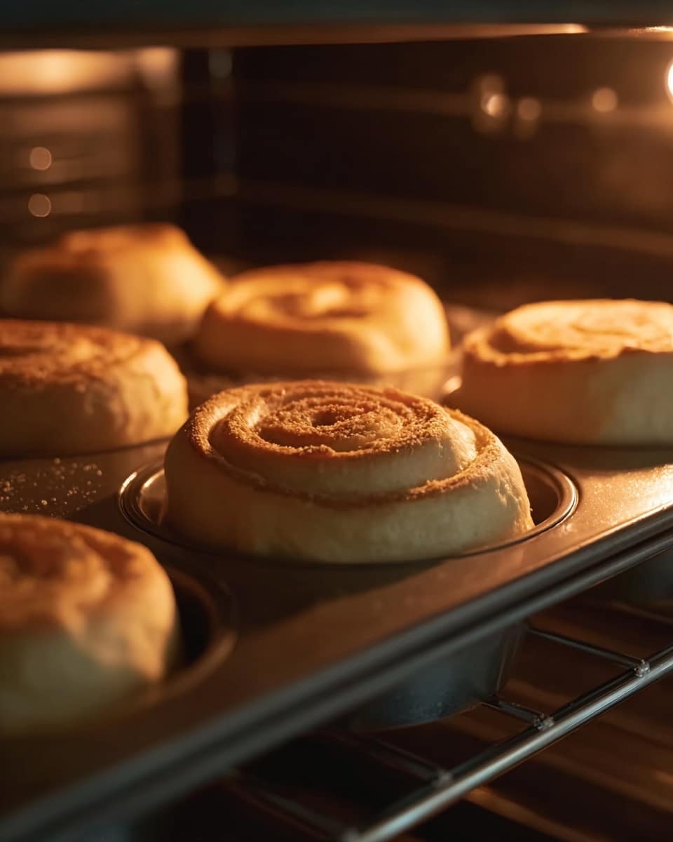 The image shows six rolls baking in a metal muffin tray inside an oven. Each roll is round with soft, light brown dough that is starting to rise and expand. The rolls have some texture on top, with small swirls and a smooth, golden surface that looks slightly shiny from oven heat. The metal tray has six round cups holding the rolls, and the background shows a dark oven interior with thin black racks. Warm light shines on the rolls, giving a cozy feel. photo taken with an iphone --ar 4:5 --v 7
