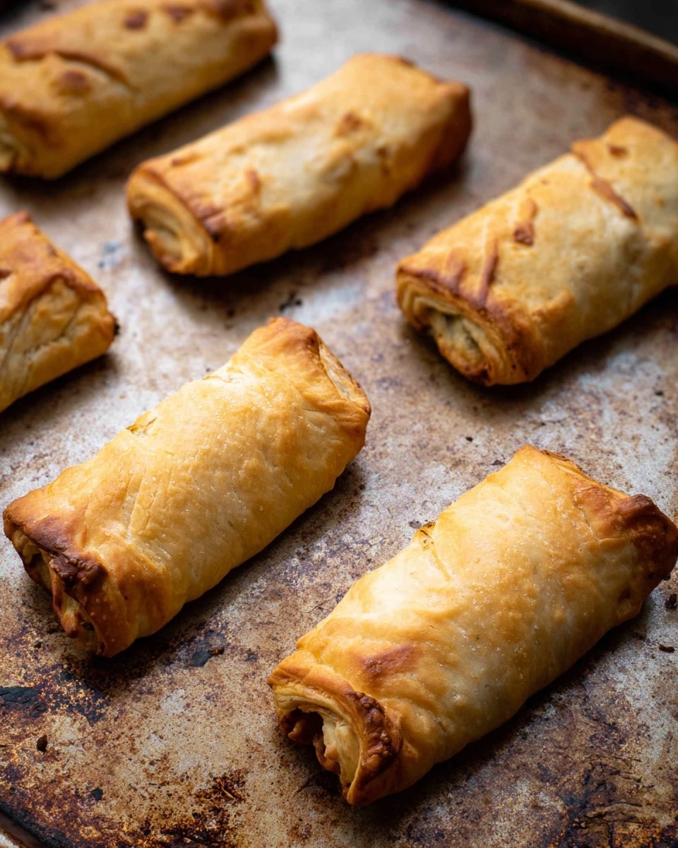 The image shows six rolled pastries placed on a rough, slightly stained baking tray with a metallic textured surface. Each pastry is golden brown with darker browned edges, and they have a flaky, layered texture from the thin dough wrapping. The rolls are spread out evenly but irregularly on the tray, showing slight cracks and folds, giving a crispy look. The overall look is warm and freshly baked with a mix of shiny and matte areas on the dough. photo taken with an iphone --ar 4:5 --v 7