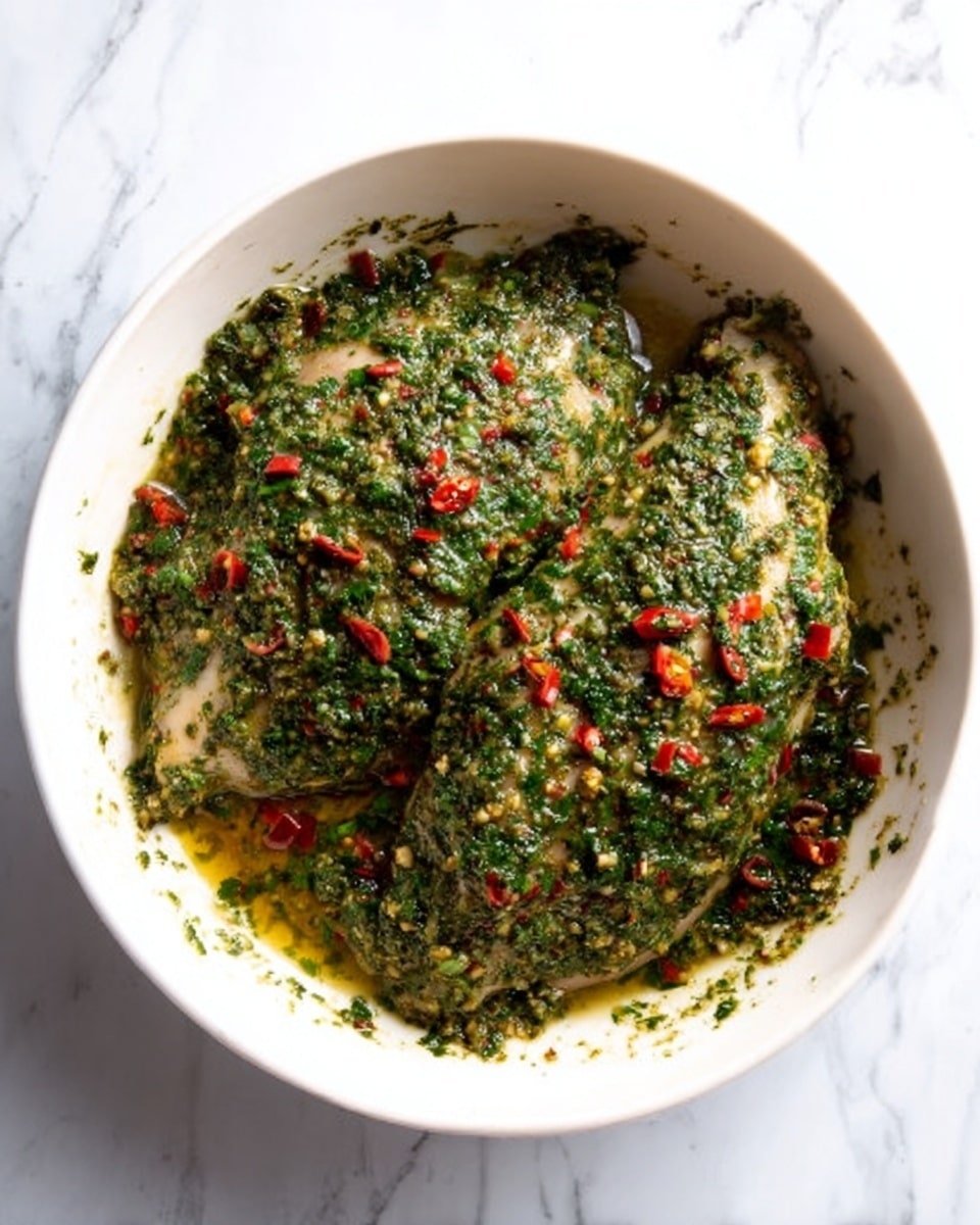 The image shows a white bowl filled with two pieces of raw chicken covered in a thick green herb marinade with visible chopped red chili pieces scattered on top. The green herbs create a dense, textured layer fully covering the chicken, with the chicken pieces slightly overlapping each other in the center of the bowl. The bowl rests on a white marbled surface, adding elegance to the scene. photo taken with an iphone --ar 4:5 --v 7