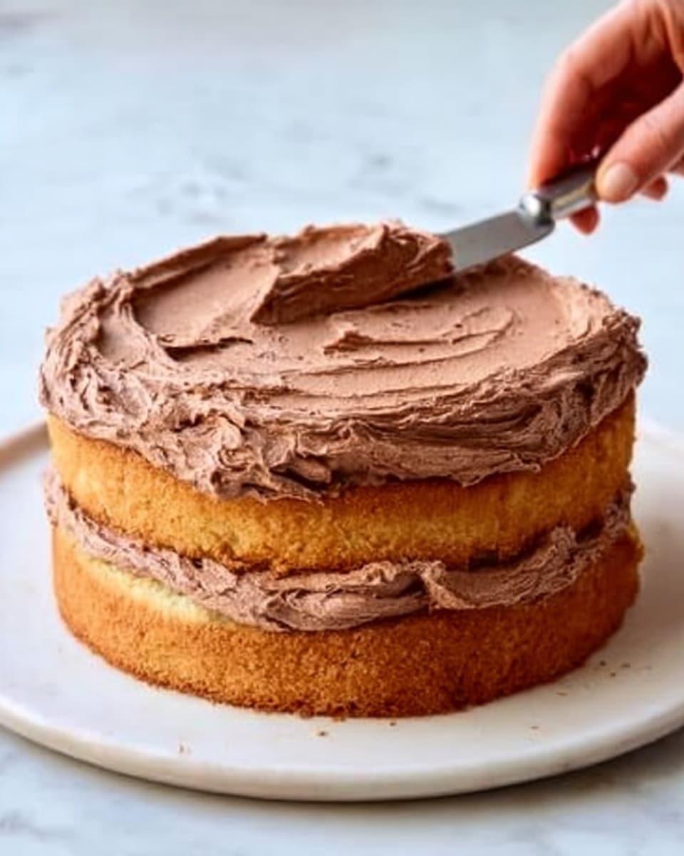 A two-layer cake on a white plate with a white marbled surface underneath. The bottom layer is a golden brown cake, topped with a thick layer of smooth, light brown chocolate frosting. The top layer is another golden brown cake placed gently above the frosting layer. On the top cake layer, thick swirls of chocolate frosting are spread evenly with a flat metal spatula held by a woman's hand, creating textured ridges. The colors are warm with the contrast of golden brown and creamy chocolate. Photo taken with an iphone --ar 4:5 --v 7