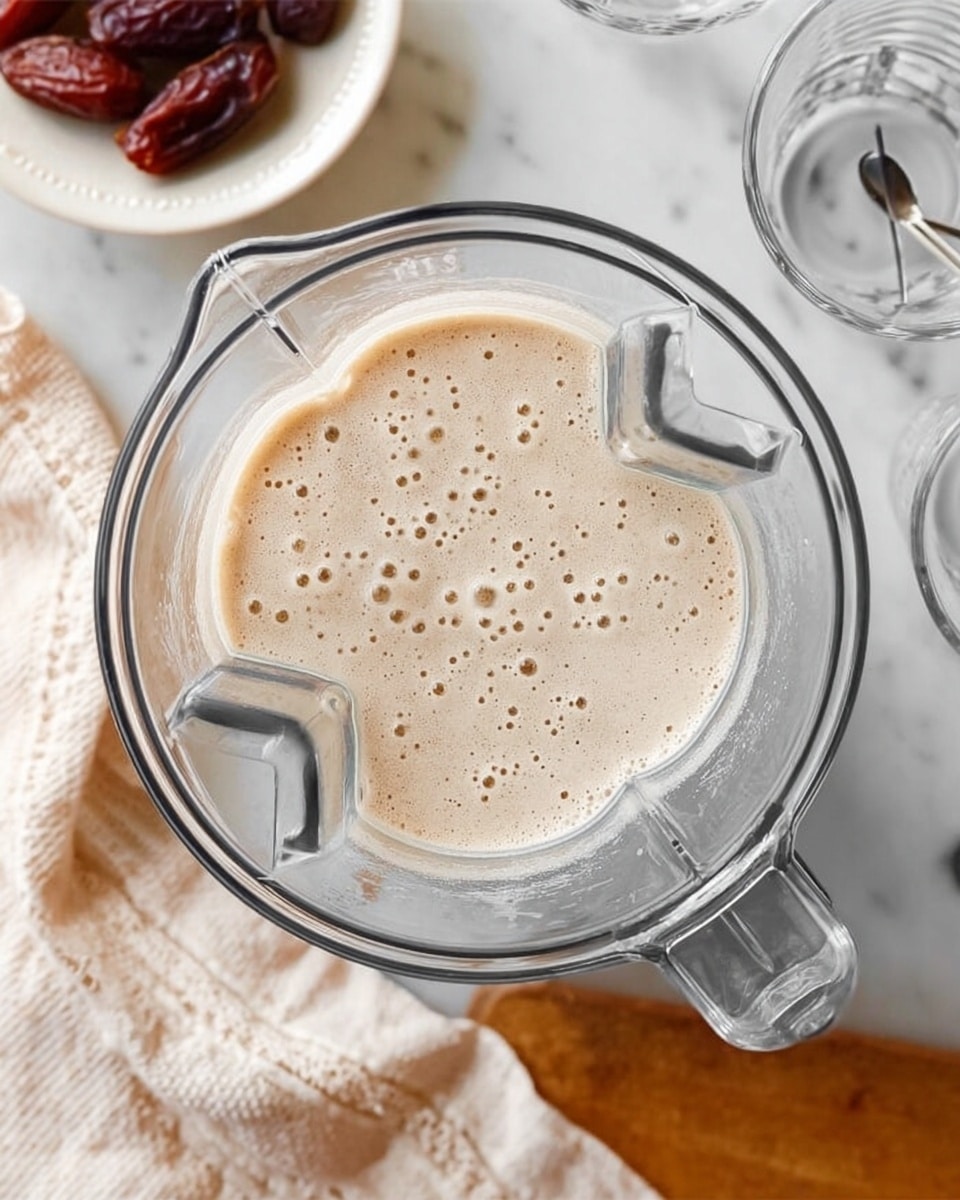 The image shows a clear blender jug filled with a light beige, frothy liquid. Small bubbles are visible on the surface, giving it a smooth and airy texture. The jug is placed on a white marbled surface, with a white cloth with faint lace details nearby. To the top left, there is a small white bowl with dark brown dates, and on the right side, two clear glasses with metal spoons inside are partly visible. The photo is taken from above, capturing the top of the blender jug and surrounding items, photo taken with an iphone --ar 4:5 --v 7