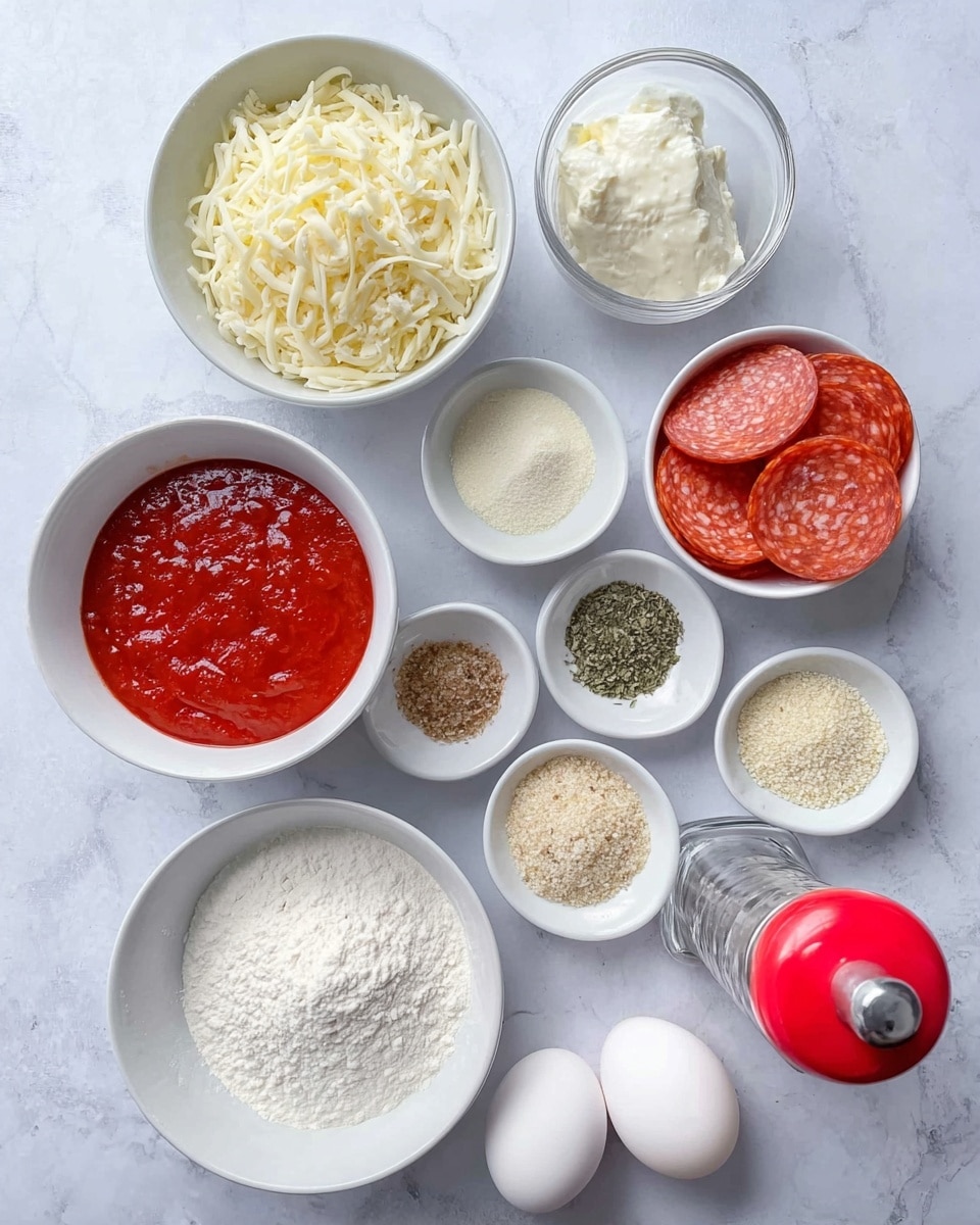 The image shows several white bowls arranged on a white marbled surface. In the top left, there is a bowl filled with shredded pale yellow cheese. To its right, a bowl contains bright red pepperoni slices. Next is a small bowl with a light creamy powder. Below, a bowl holds bright red tomato sauce, beside it is a bowl filled with white cottage cheese. Small white bowls contain beige breadcrumbs, green dried herbs, and light brown seasoning powders. At the bottom left, a bowl is filled with white flour. Near the center bottom is a clear pepper grinder with a red top, and to the right lay two white eggs. photo taken with an iphone --ar 4:5 --v 7