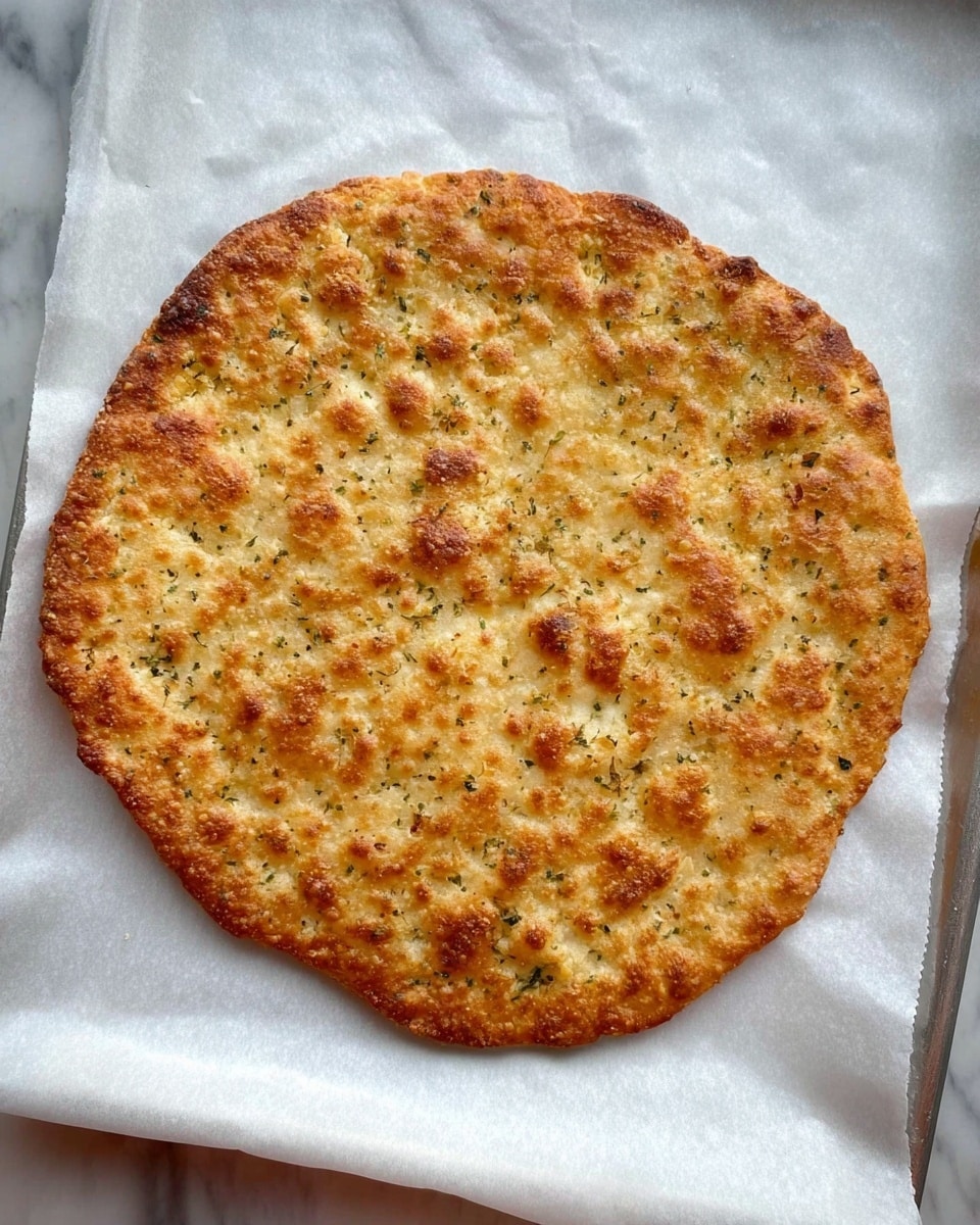 A single round flatbread with a golden brown, slightly uneven surface, showing small air bubbles and specks of herbs all over. It rests on a piece of white parchment paper, which is laid on a tray. The texture looks crispy but light with a slightly rough top. The background is a white marbled surface. Photo taken with an iphone --ar 4:5 --v 7