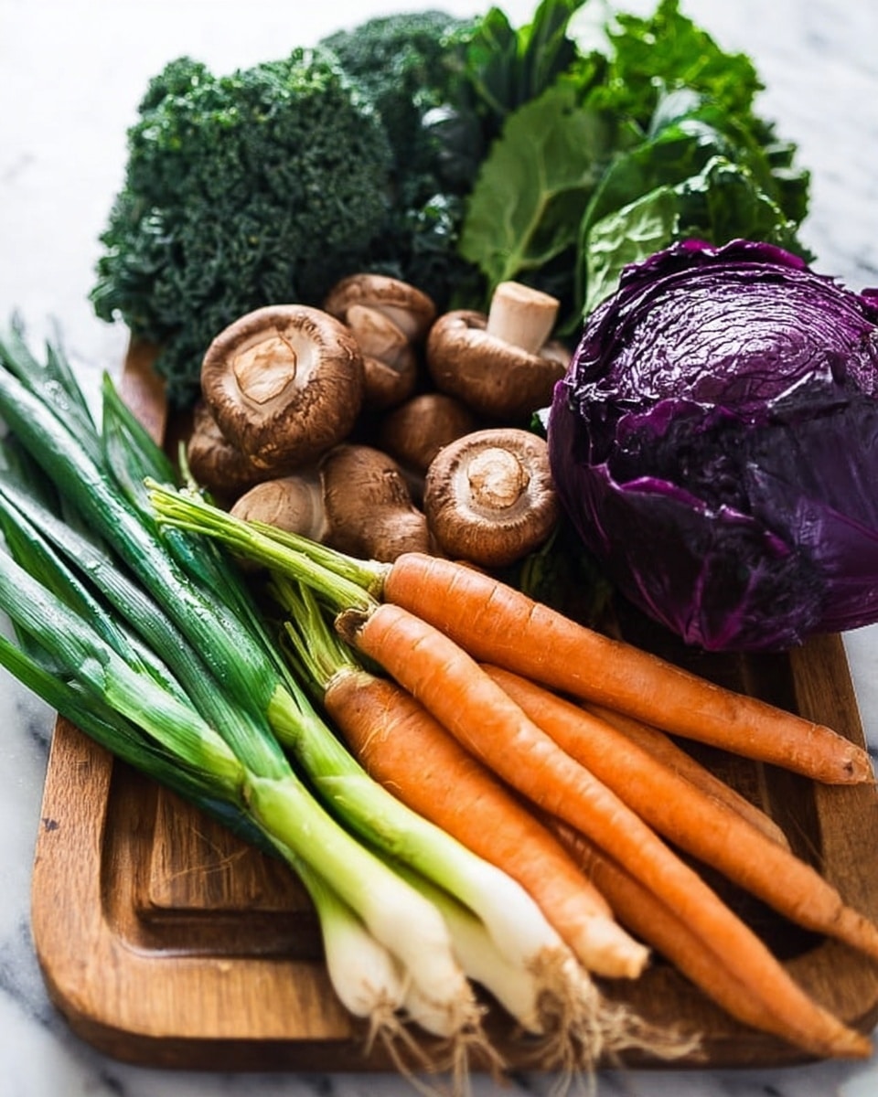 The image shows a wooden board filled with fresh vegetables layered naturally in a scattered way. Starting from the front, there are bright orange carrots with green tops, lying horizontally. Behind them, long green onions stretch from left to right. In the middle, medium brown shiitake mushrooms with round caps are clustered together. To the left, there is a bunch of dark green broccoli with a rough texture. At the back, large dark green kale leaves with a bumpy surface lean slightly. On the right side, a round purple cabbage stands with shiny outer leaves. The background is a white marbled surface. photo taken with an iphone --ar 4:5 --v 7