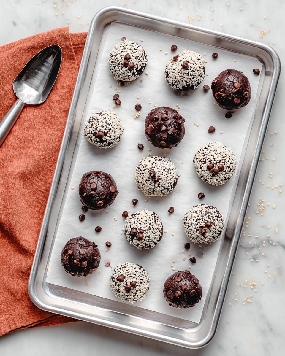 The image shows a metal baking tray lined with white parchment paper, placed on a white marbled surface. On the tray, there are fourteen round, dark chocolate cookie dough balls scattered evenly. Half of the cookies are topped with white sesame seeds and a few chocolate chips, covering their entire top surface, while the other half are plain chocolate dough with chocolate chips embedded inside. To the left of the tray is a metal cookie scoop and an orange cloth partially visible. Small sesame seeds are sprinkled around the tray, adding texture to the scene. Photo taken with an iphone --ar 4:5 --v 7