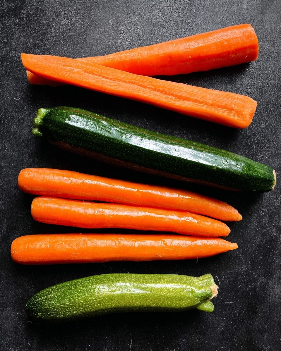 The image shows five peeled carrots and one whole green zucchini placed on a black surface. The top layer has two long peeled carrots with smooth, bright orange skin, one placed above the zucchini and one below. The middle layer is a single dark green zucchini with a shiny, slightly textured skin lying horizontally. The bottom layer has three peeled carrots arranged side by side, all bright orange and smooth, with the ends visible. photo taken with an iphone --ar 4:5 --v 7