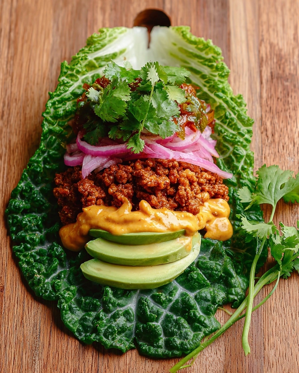 A large green leaf acts as the base, laid flat on a wooden surface with a round hole near the top. On top of the leaf, several layers are visible: at the bottom, thick slices of light green avocado with a smooth texture; above that, a mound of reddish-brown cooked ground meat with a crumbly texture; next, a layer of creamy, smooth orange-yellow sauce spread evenly; above the sauce, thin slices of pinkish-purple pickled onions; then, a layer of chunky dark red salsa or sauce; and finally, fresh bright green cilantro leaves with small stems arranged on top. A sprig of fresh cilantro rests beside the leaf on the wooden background. The photo taken with an iphone --ar 4:5 --v 7
