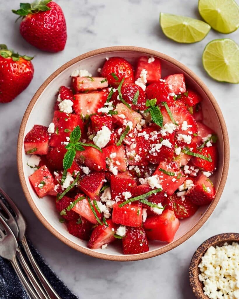Watermelon Strawberry Salad with Feta & Honey Lime Dressing Recipe
