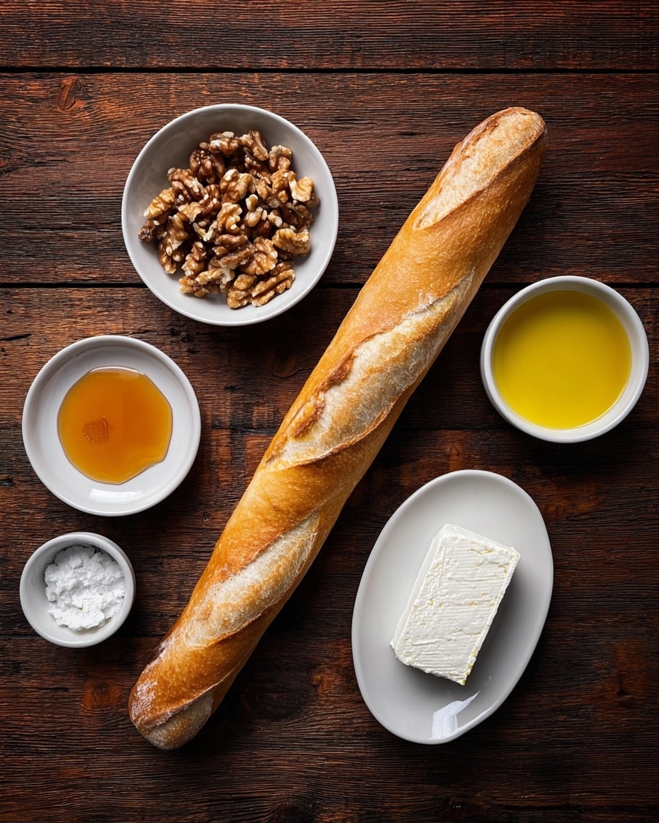 A long, golden-brown baguette with light crusty texture lies horizontally across the image on a dark wooden surface. Above the baguette, there is a white bowl filled with brown walnut halves, and beside it, a small white bowl with amber-colored honey. Below the baguette and to the left is a small white bowl containing white salt. To the right, a white oval dish holds a block of soft, white cheese with a crumbly texture. Next to the cheese dish on the right is another small white bowl filled with clear golden oil. The whole setup is on a dark wooden table. photo taken with an iphone --ar 4:5 --v 7