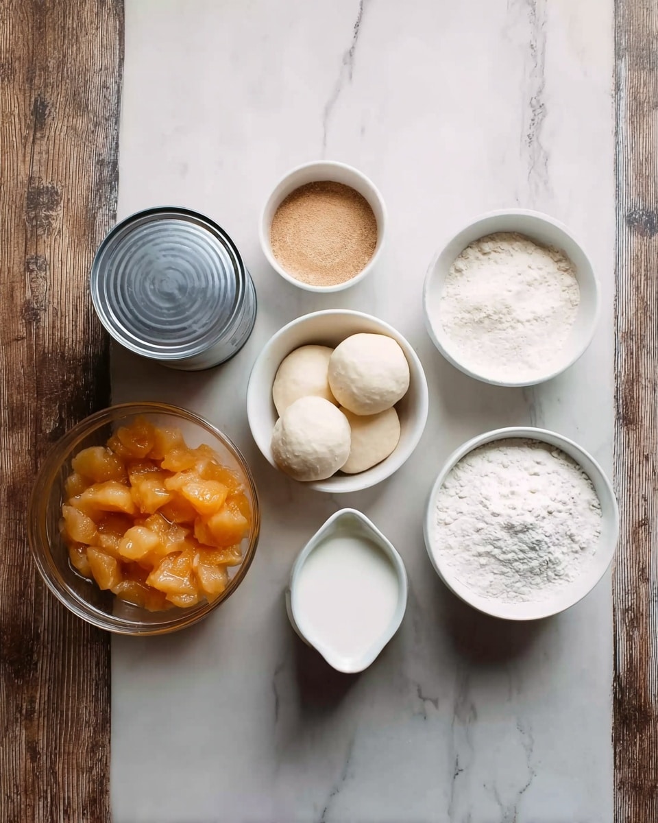 The image shows six white bowls and a tin can arranged neatly on a white marbled surface. Starting from the top left, there is a silver tin can with a white label. To its right, a small white bowl contains a light brown powder. Next to it, a larger clear bowl is filled with white powdered sugar. Below, a small white jug with milk is placed to the right. In the center, a clear bowl holds yellow-orange fruit pieces in syrup. To the left, a white bowl has four white dough balls stacked together. The wooden table background is replaced by a white marbled texture. photo taken with an iphone --ar 4:5 --v 7