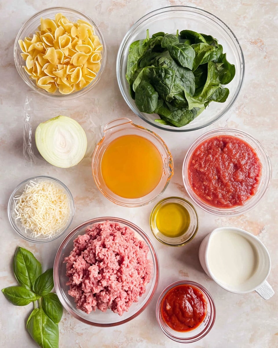 The image shows glass bowls and small containers placed on a white marbled texture surface, each holding different food ingredients. At the center, a large clear bowl contains raw light pink ground meat. Above it, a medium clear bowl is filled with fresh green spinach leaves. To the left, a medium clear bowl holds yellow pasta shells. A small glass bowl above the pasta shells has white grated cheese. Next to that, a cut white onion half is visible. To the right of the meat, there is an opened can of red crushed tomatoes and a clear glass measuring cup filled with orange broth. Below the broth, a small white bowl contains yellow oil. Near the bottom center, a small glass bowl holds bright red tomato paste. Nearby, a slightly visible white measuring cup holds cream or milk. A small glass bowl to the bottom left contains mixed herbs. Some fresh green basil leaves lie next to the bowls. Photo taken with an iphone --ar 4:5 --v 7