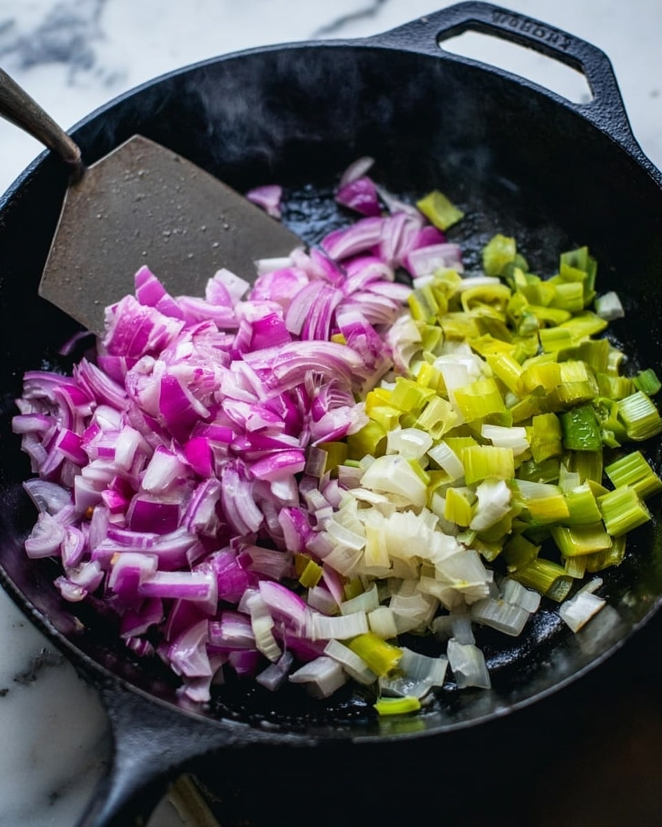 The image shows a dark black cast iron pan with sliced vegetables being cooked inside. On the left side, there is a pile of chopped red onions with white and purple layers. On the right side, there are chopped light green and white pieces of leek or similar vegetable. A metal spatula is resting on the edge of the pan, visible in the upper left part of the pan. The background surface is a white marbled texture with some steam rising from the pan. photo taken with an iphone --ar 4:5 --v 7
