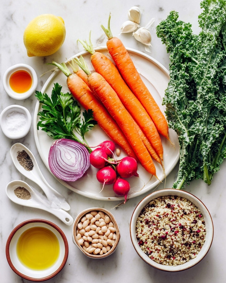 The image shows a white plate with three bright orange carrots stacked on top, and six red radishes with green stems scattered below the carrots on the plate. A half purple onion with visible rings rests beside a small bunch of green parsley leaves on the plate. Around the plate, from left to right, there is a whole yellow lemon, four white spoons with different ingredients including a light brown sugar, black pepper, white salt, and an orange liquid. Below, a brown-rimmed bowl is filled with light beige beans, and a smaller white bowl holds cooked quinoa with mixed white, red, and black grains. On the right side, bright green kale leaves spread out, and above them are two cloves of garlic with a small white bowl filled with yellow oil. The whole scene is set on a white marbled texture surface. photo taken with an iphone --ar 4:5 --v 7