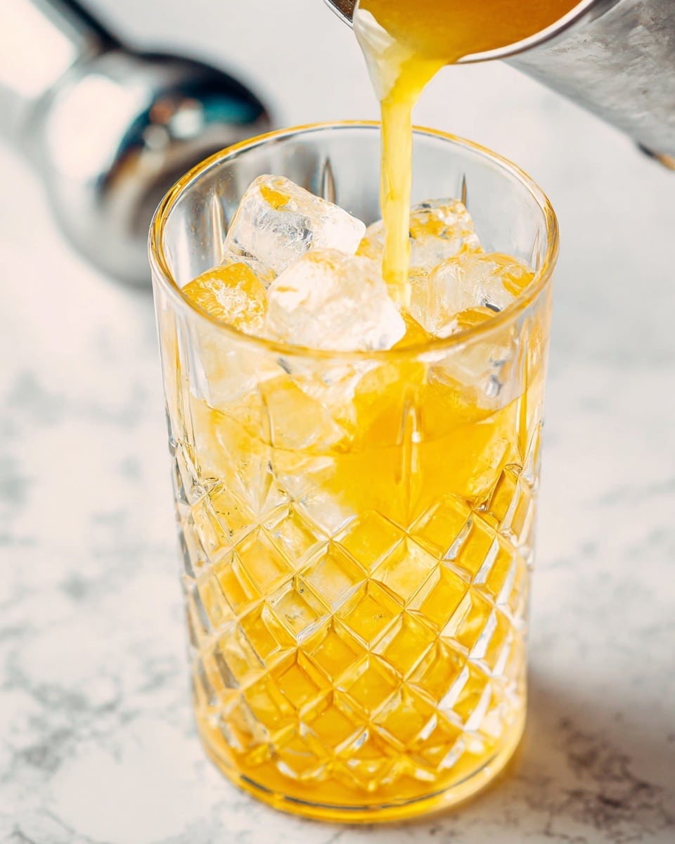 A clear, textured glass filled with medium-sized translucent ice cubes is shown close-up, with a golden yellow liquid being poured into it from the right. The ice cubes sit inside the glass, catching light and showing slight melting detail. The glass has a diamond cut pattern that refracts the light and liquid, giving a sparkling effect. The background is a white marbled surface with a metallic shaker blurred in the upper left. The image is bright, showing the cold freshness of the drink and the motion of pouring. photo taken with an iphone --ar 4:5 --v 7